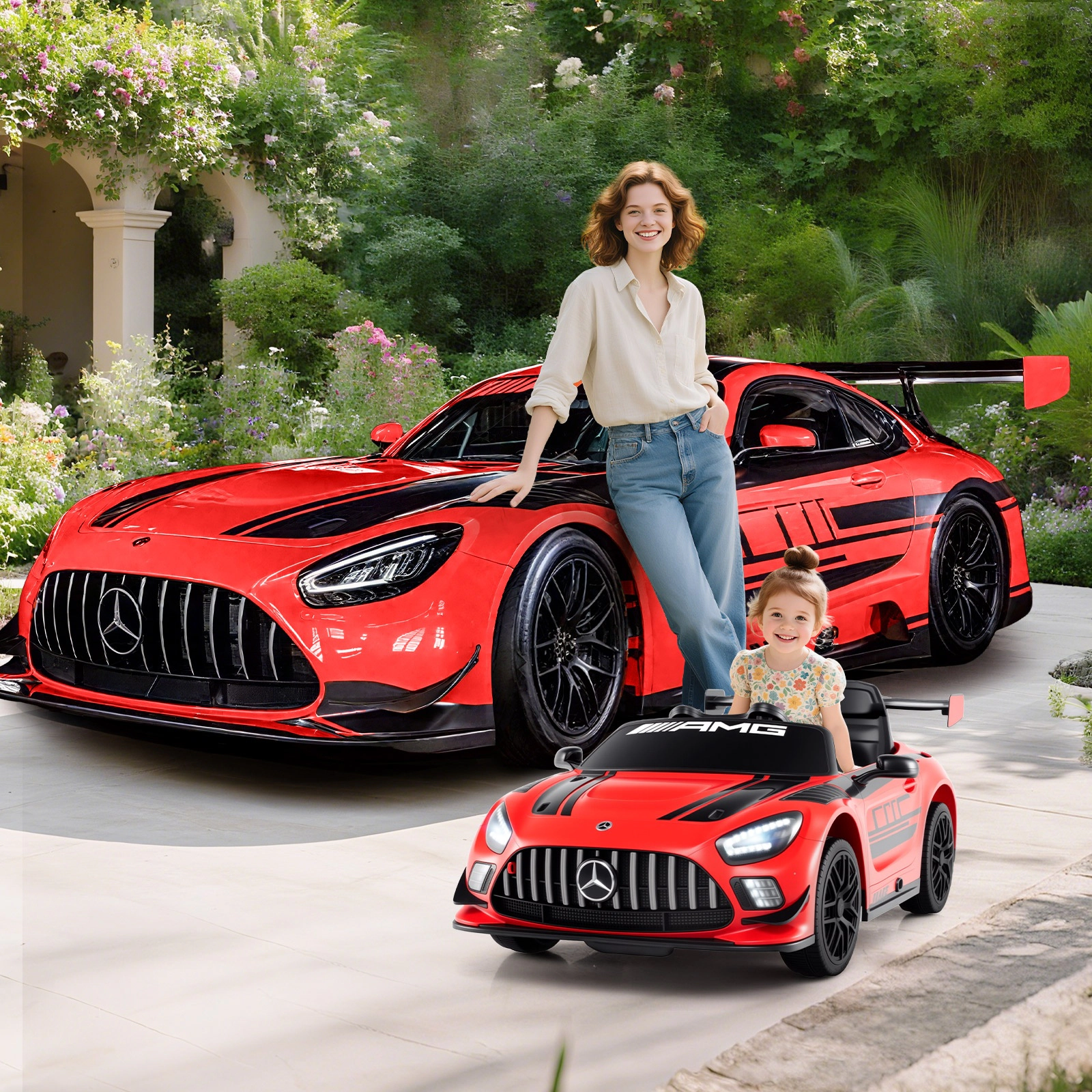 SUGIFT 12V Licensed Mercedes-AMG GT3 Kids Ride-On Car Remote 55-lb Capacity Ages 3+ 45-in Body 13-in Seat Black/White