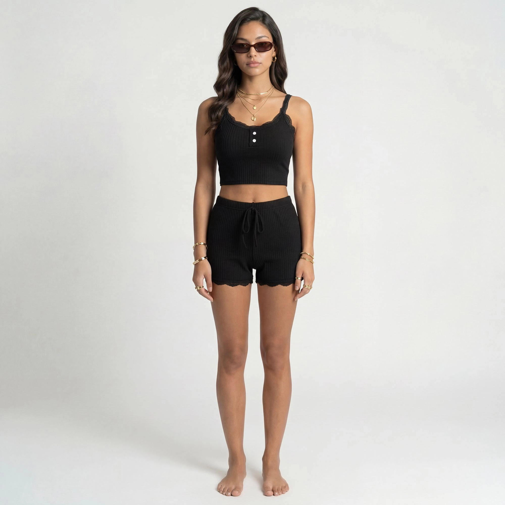 Anna-Kaci Women's Ribbed Lace Trim Pajama Set with Button Front and Drawstring Shorts