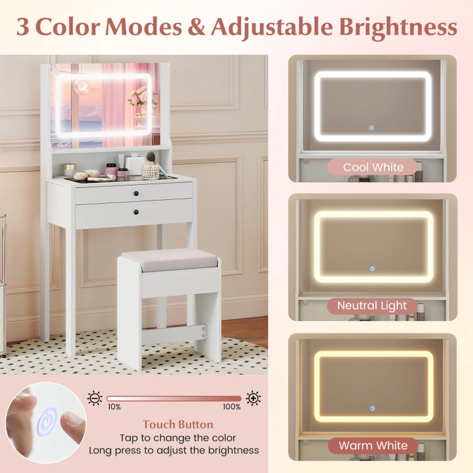 SUGIFT Small Vanity Desk with Mirror Lights & Glass Top 77-lb Table 165-lb Stool Capacity 25 x 16 x 52 in White/Natural