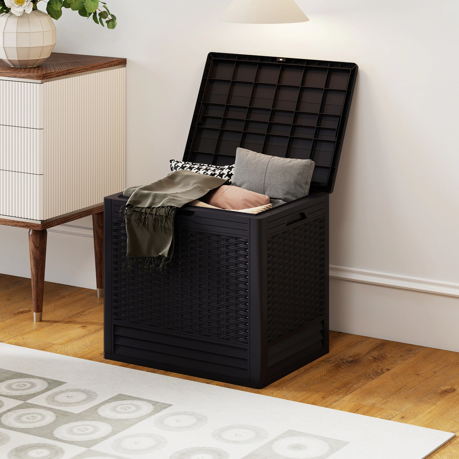 SUGIFT 25-gal 180-lb Capacity Brown All-Weather PP Outdoor Storage Deck Box with Lockable Lid and Rattan Texture