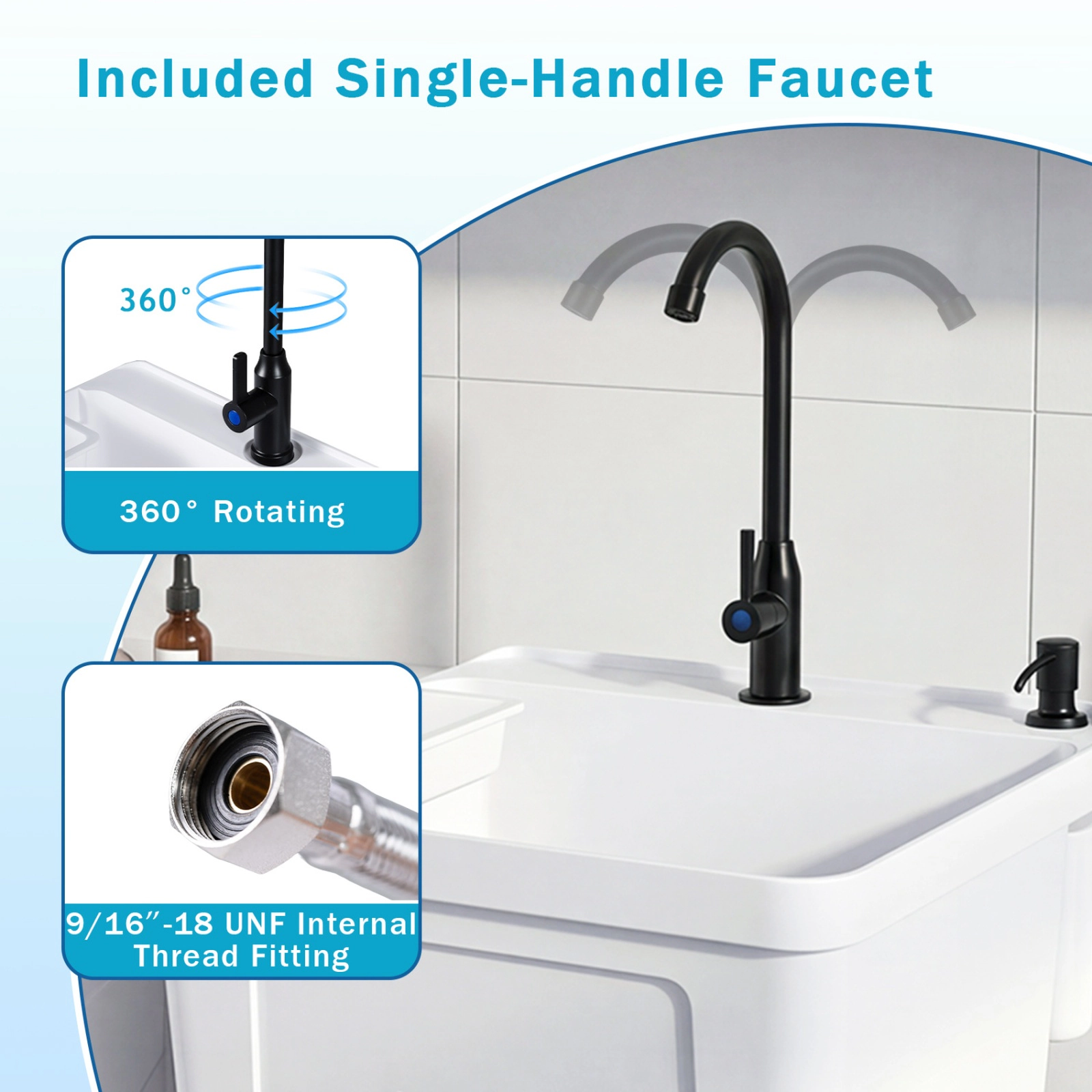 SUGIFT 14.5-Gal Rotating Faucet Adjustable Legs Storage Shelf Utility Sink Laundry Tub 24.5-in x 24-in x 48-in White