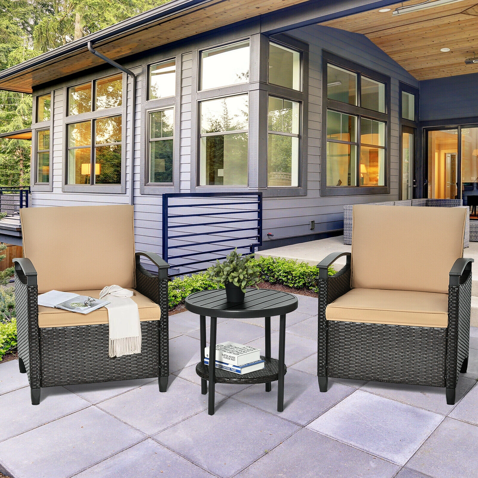 SUGIFT 3-Piece Patio Rattan Furniture Set, Beige Cushioned Sofas with Storage Shelf Table