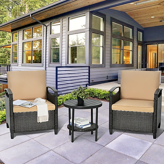 SUGIFT 3-Piece Patio Rattan Furniture Set, Beige Cushioned Sofas with ...