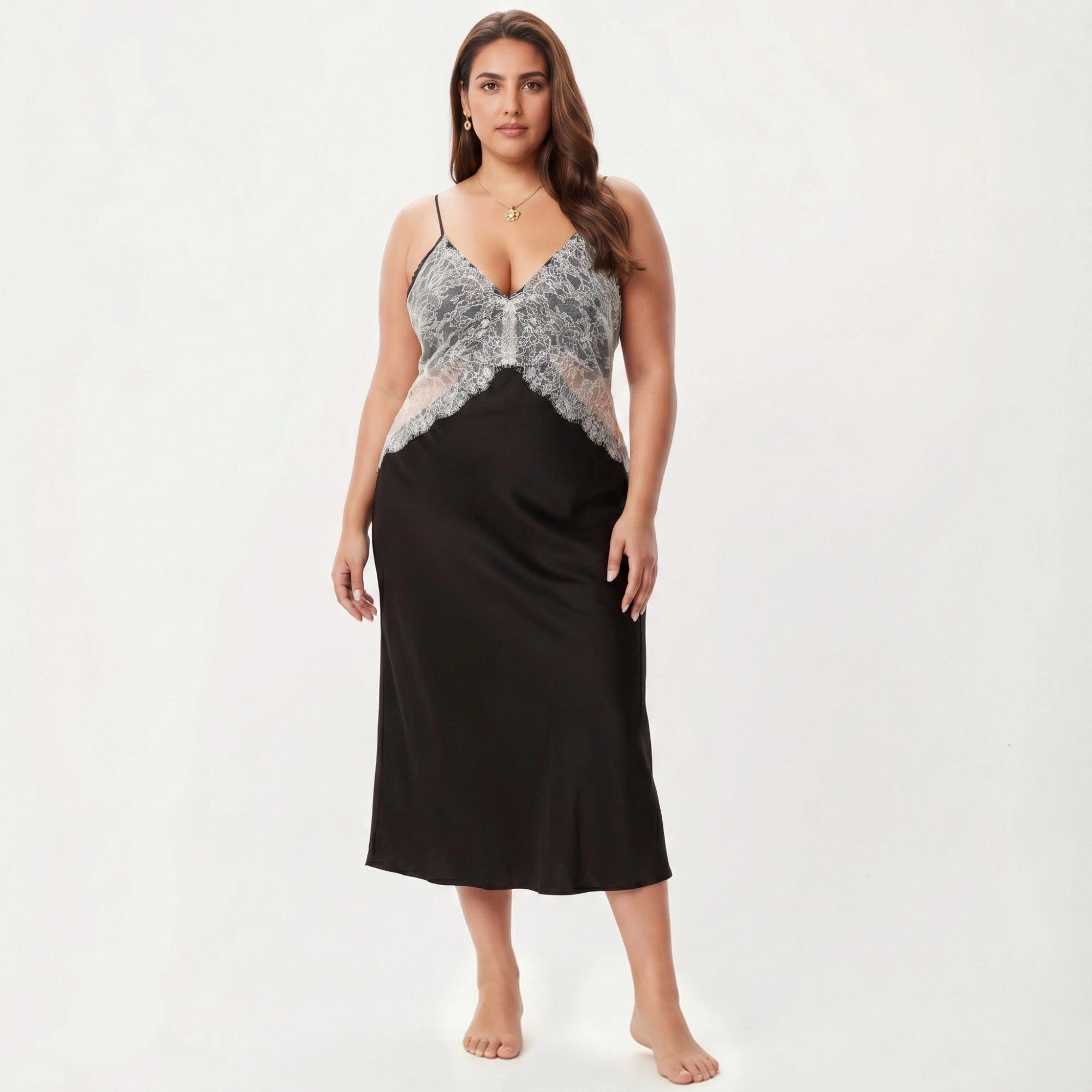 Anna-Kaci Women's Plus Long Satin Chemise Lace Panel Nightgown Adjustable Strap Slip Sleep Dress