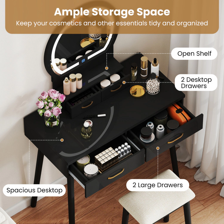 Hivvago Small Vanity Makeup Dressing Table Set With Cushioned Stool And Led Lighted Mirror