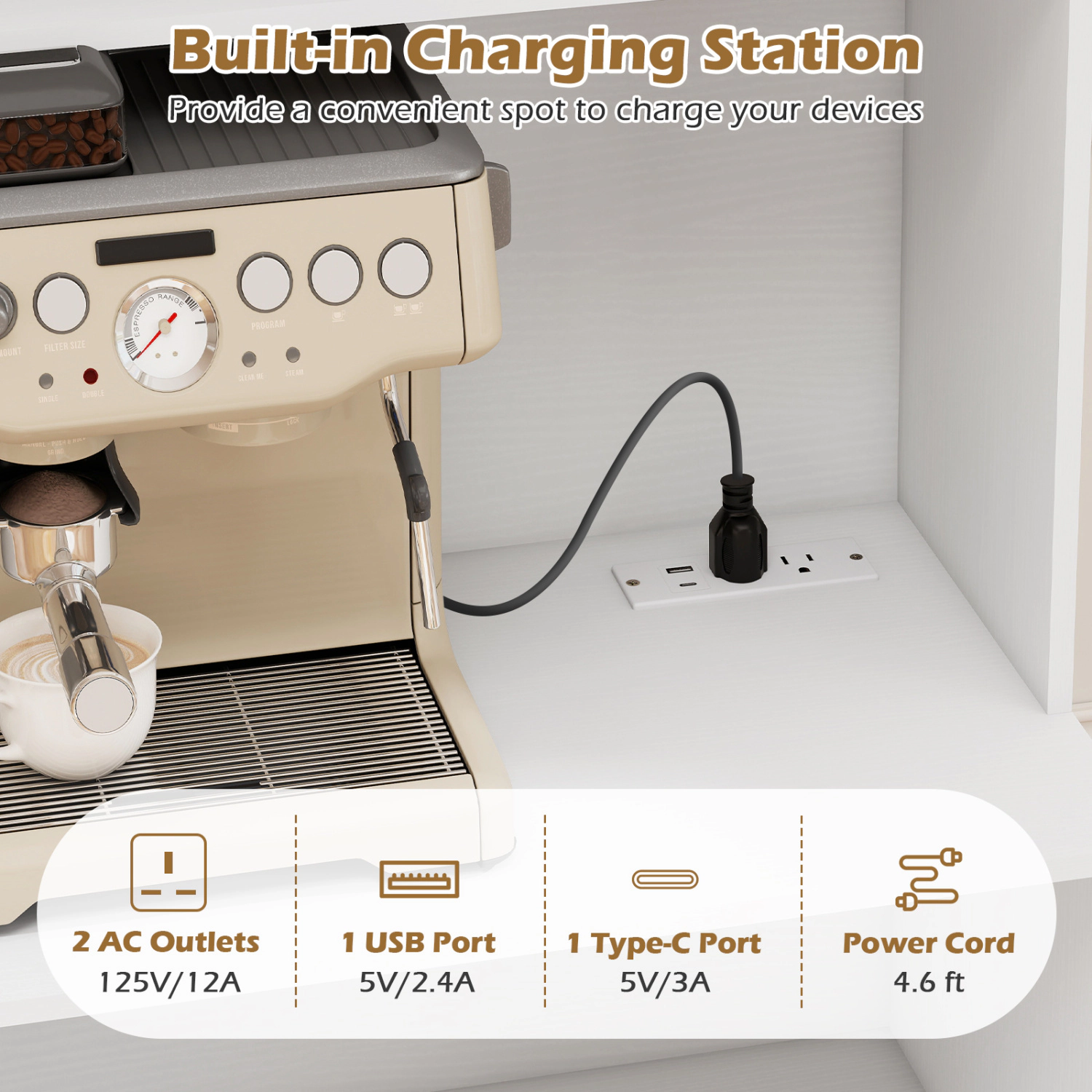 SUGIFT 66-in Charging Station Soft-Close Doors Kitchen Pantry Cabinet 25.5-in x 15-in x 66-in 242-lb Capacity White