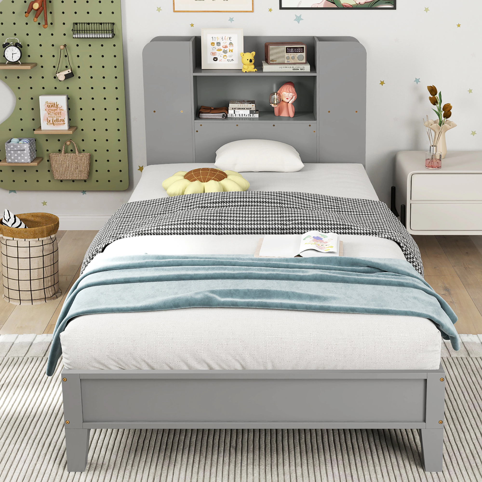 Costway Twin Bed Frame Wooden Platform Kids w/ Bookcase Headboard Gray