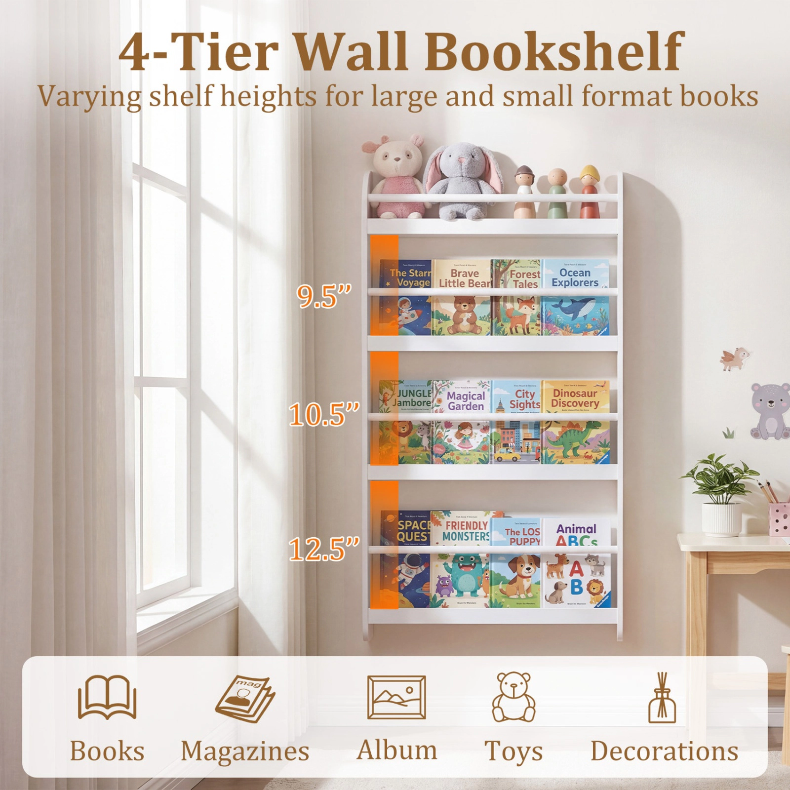 SUGIFT 4-Tier Wall Bookshelf Organizer for Toys and Books 33-lb Per Layer Ages 3+ White/Pink