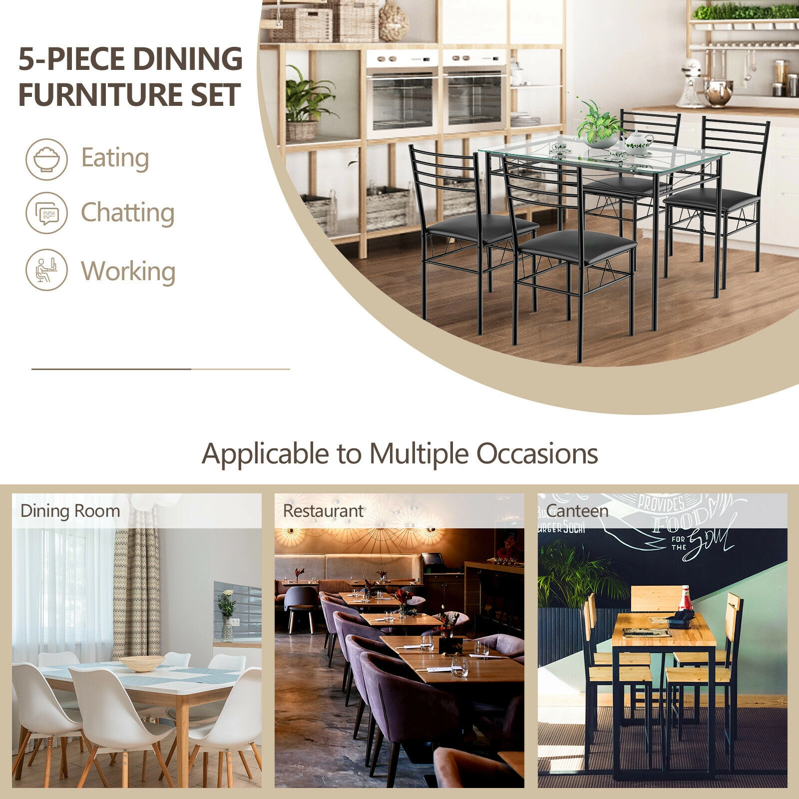 SUGIFT Tempered Glass Top 5-Piece Dining Set with Metal Frame Table 44-lb Capacity and 4 Upholstered Chairs