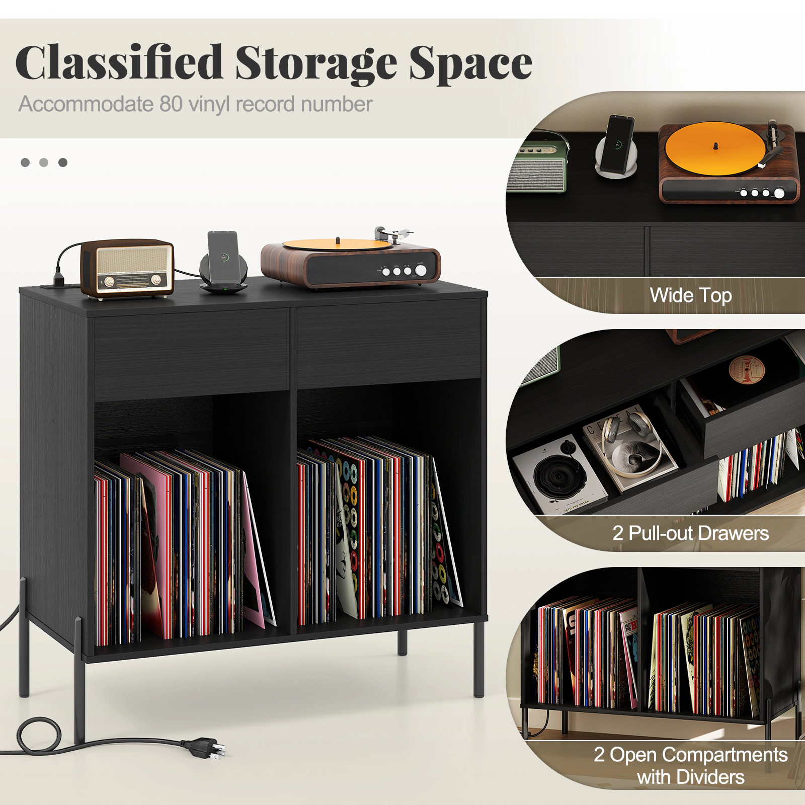 SUGIFT Record Player Stand Power Outlets Double Wide Turntable Stand Vinyl Record Storage Accent Cabinet 220-lb Capacity