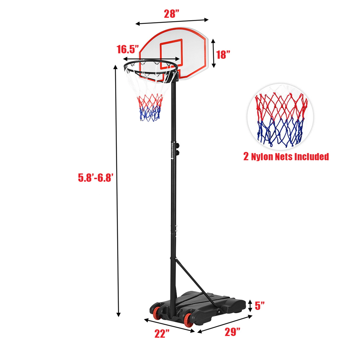 SUGIFT 5.8-ft to 6.8-ft Adjustable Basketball Hoop Stand with 2 Front Wheels and Water Fillable Base