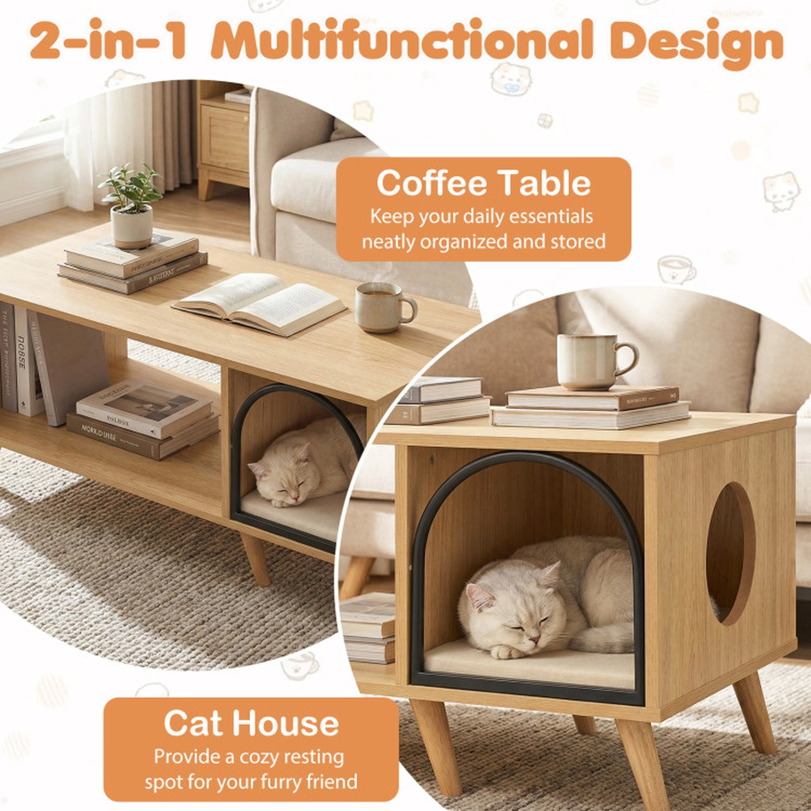 SUGIFT Natural 2-in-1 Coffee Table Cat House with Open Shelf 40-in W 20-in D 18-in H 88-lb Tabletop Capacity