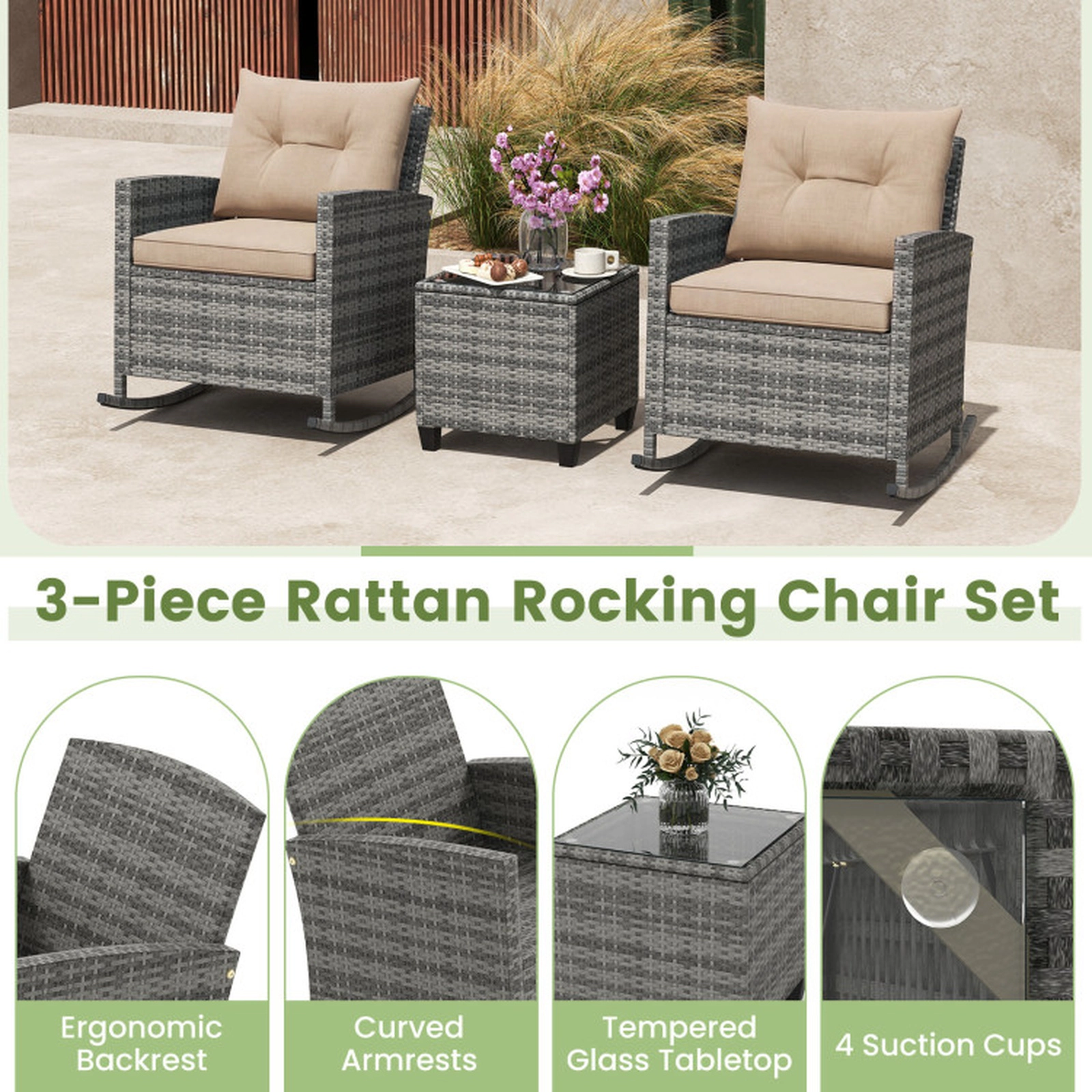 SUGIFT Beige Tempered Glass Table and Cushions 3-Piece Patio Rattan Rocking Chair Set