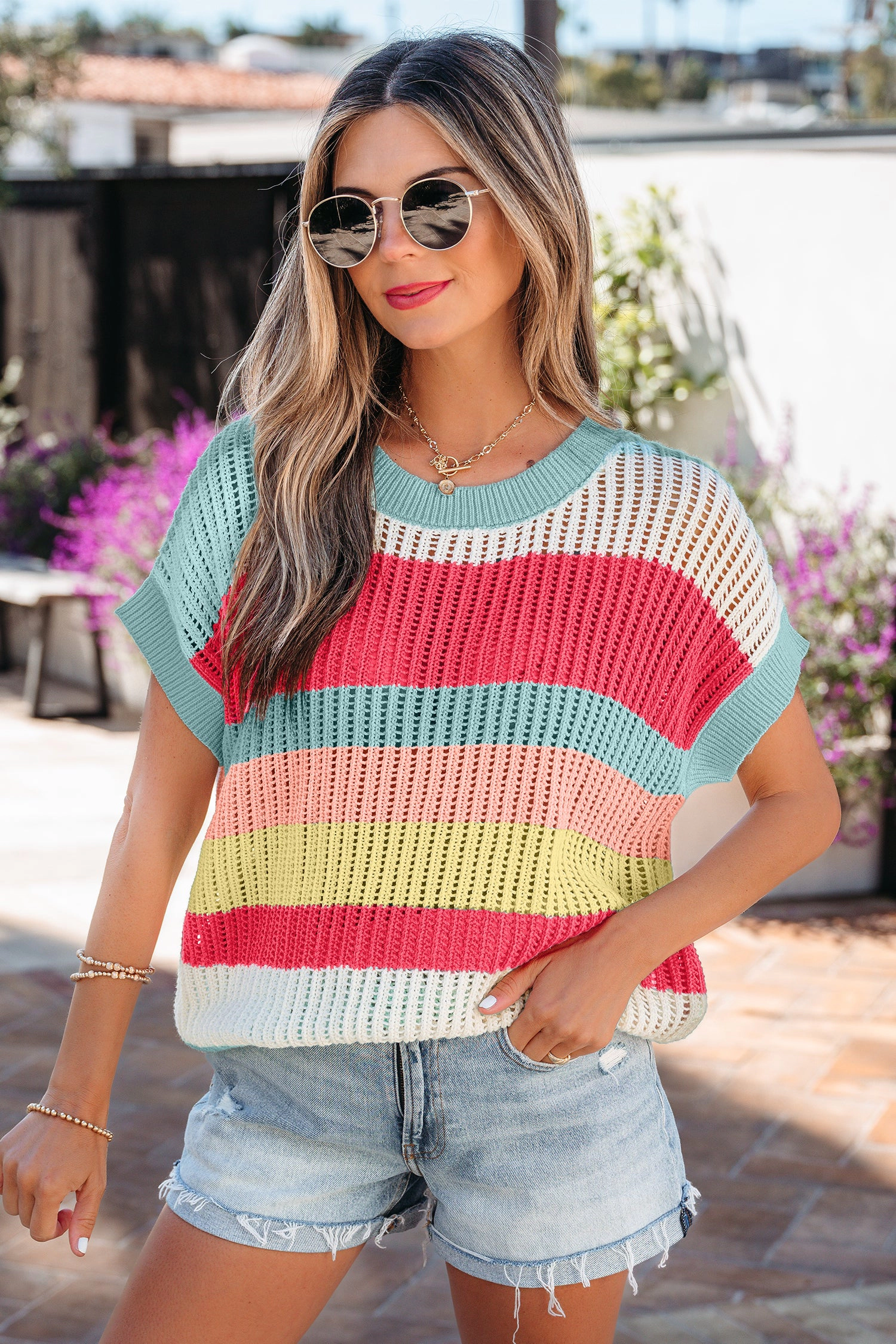 Threaded Pear Joelle Colorblock Knit Short Sleeve Sweater