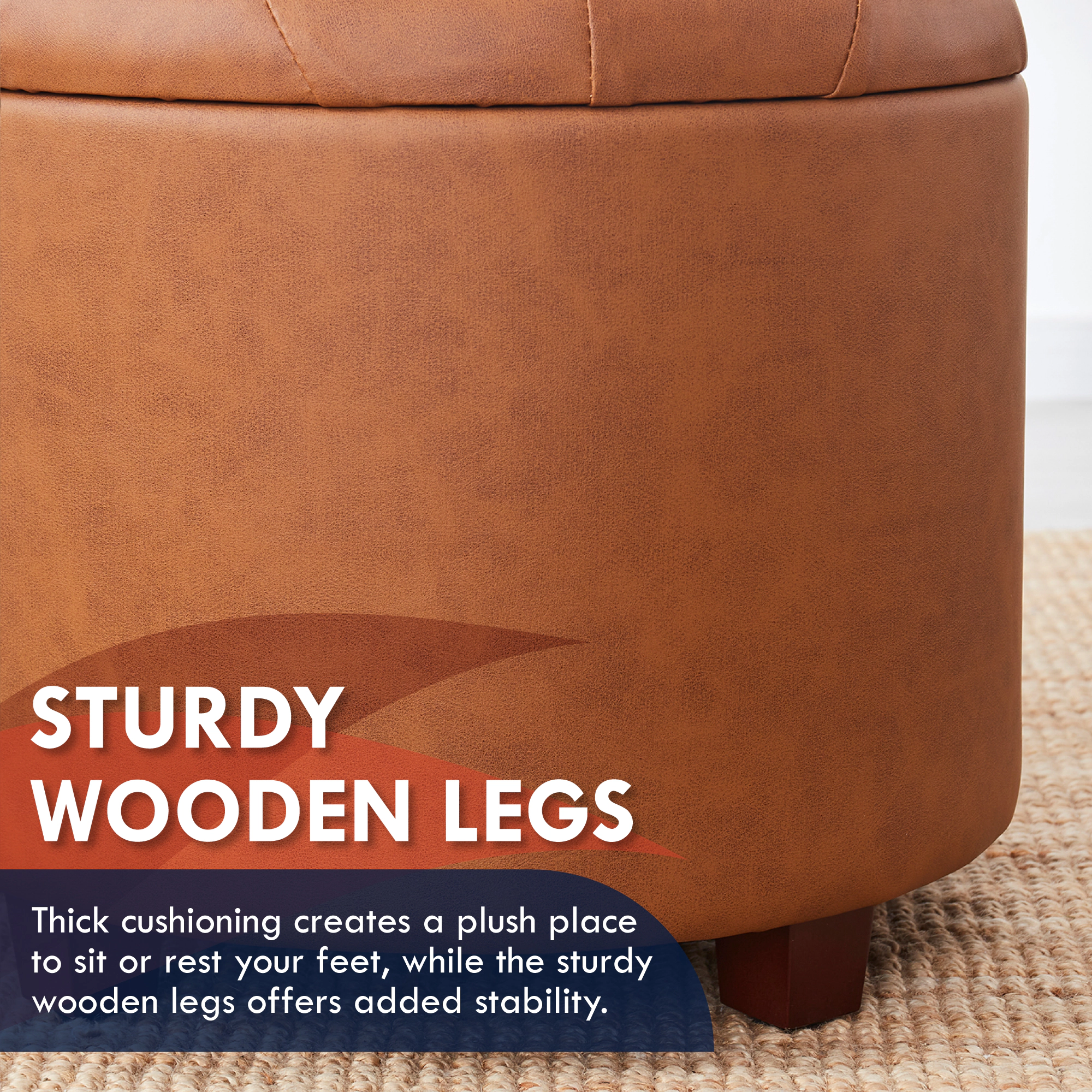 Ornavo Home Faux Leather Round Storage Ottoman with Legs and Lift Off Lid