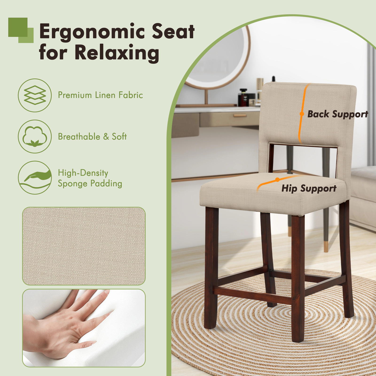 SlickBlue Set of 2 Counter Height Bar Stools with Backrest & Footrest