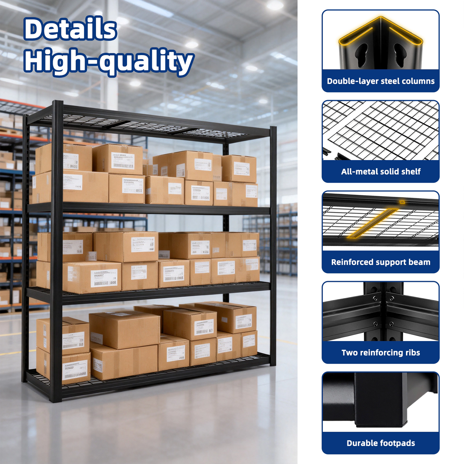 Flynama 4-Tier Garage Shelving Unit, Industrial Steel, Adjustable, Matte Black (71"W x 71"H x 24"D)