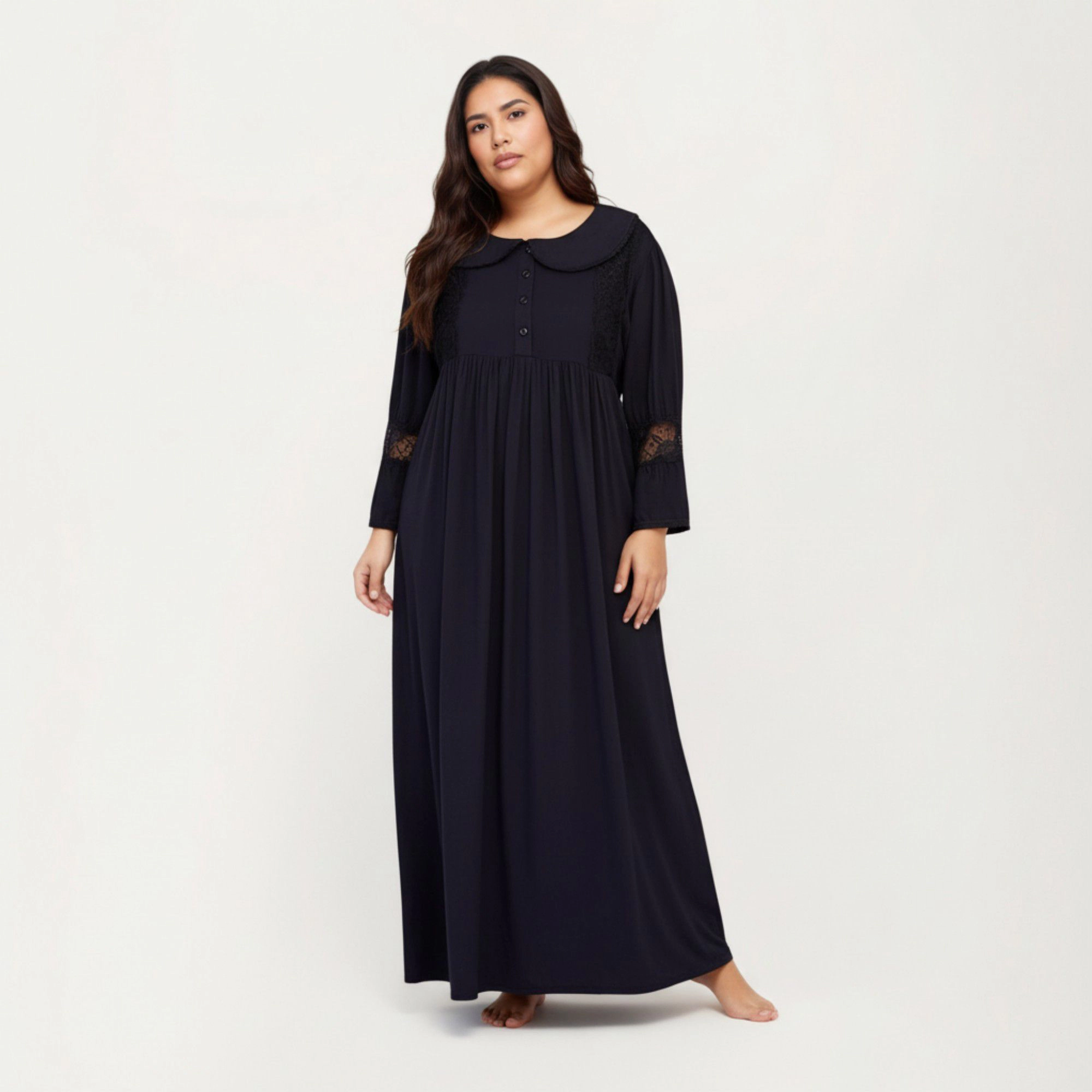 Anna-Kaci Women's Long Sleeve Maxi Nightgown Flowing Fabric Peter Pan Collar Detail and Lace Trim Accents on Sleeves