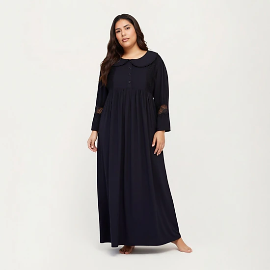 Anna-Kaci Women's Long Sleeve Maxi Nightgown Flowing Fabric Peter Pan Collar Detail and Lace Trim Accents on Sleeves