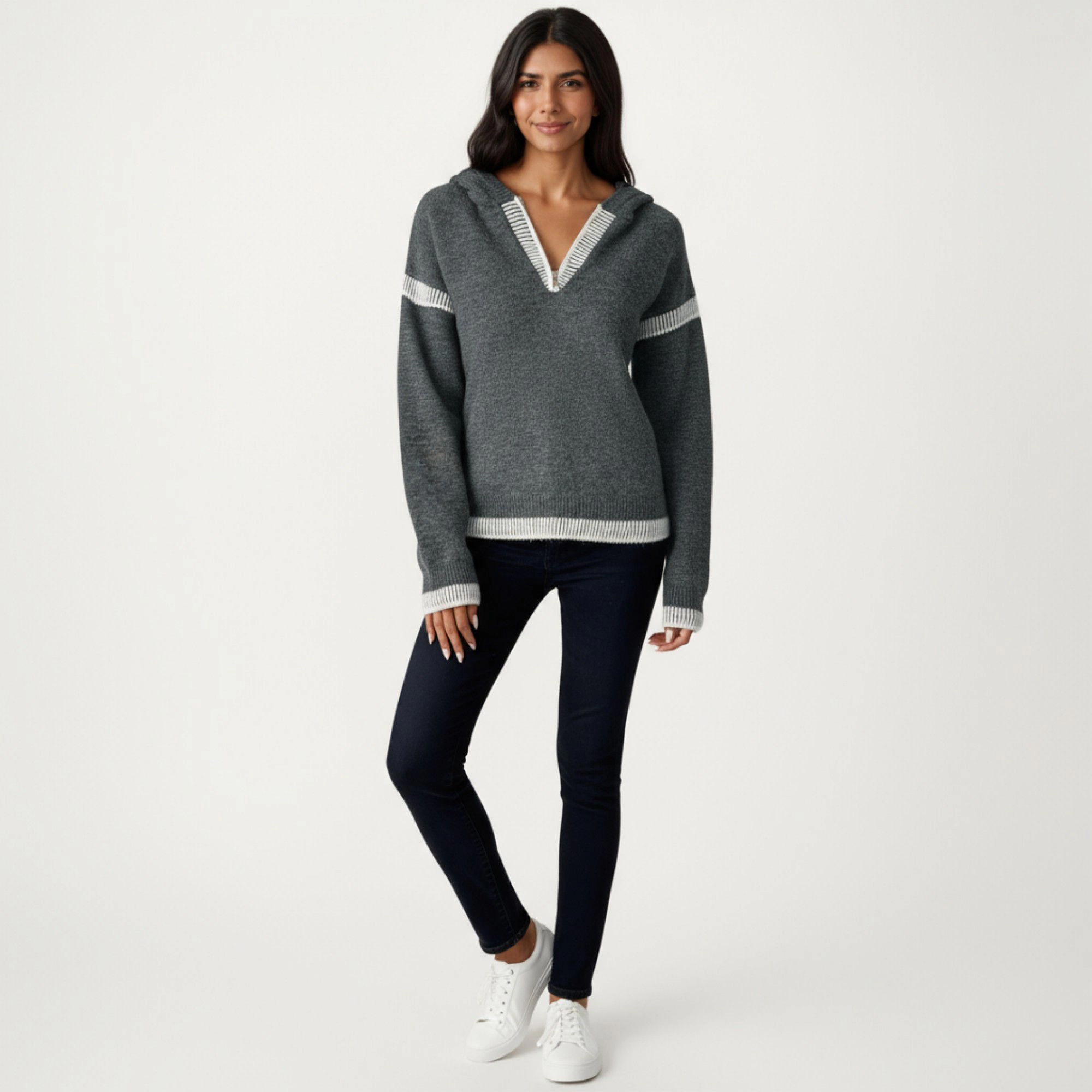 Anna-Kaci Women's Contrast Trim V-Neck Long Sleeve Knit Hoodie