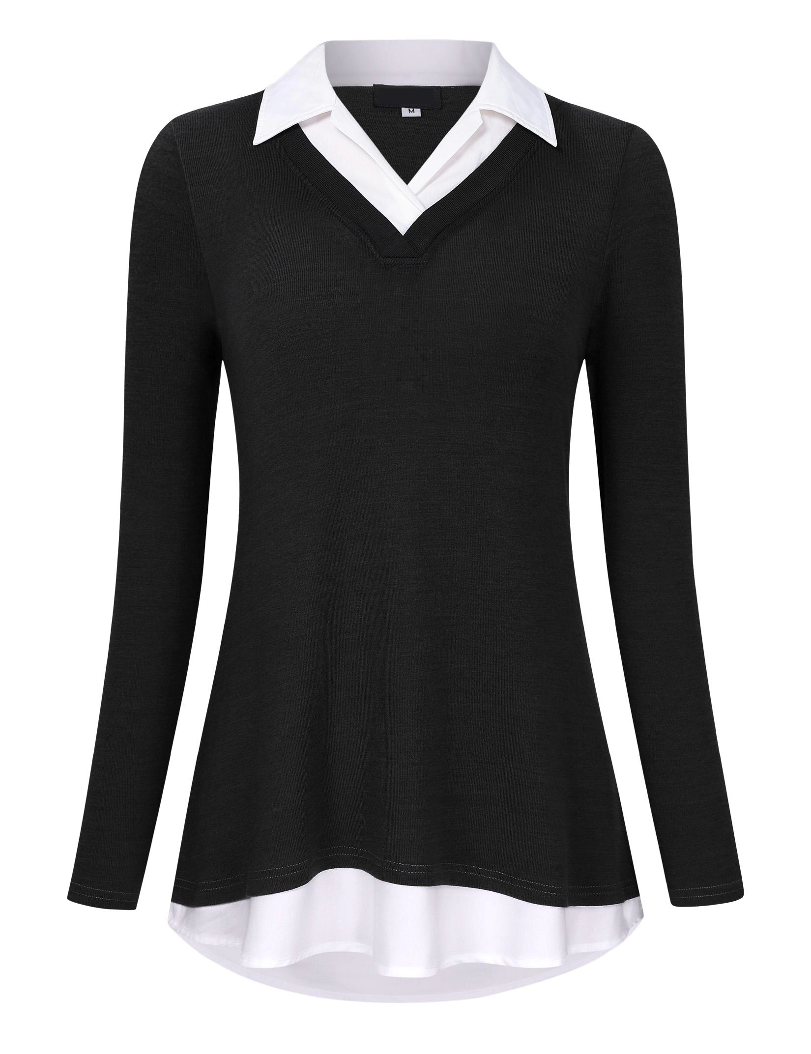 KOJOOIN Women's Casual Collared Curved Hem Long Sleeve Pullover Tops Contrast Shirt Blouse