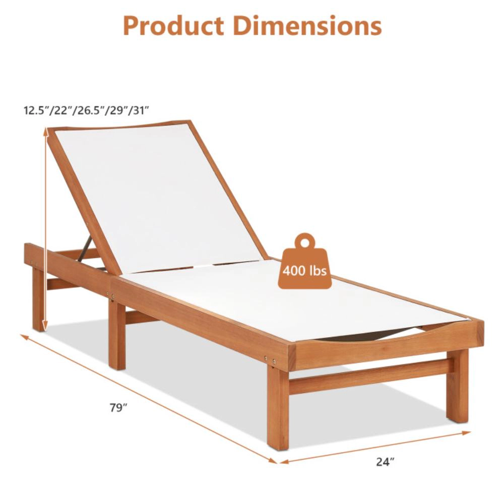 Hivvago Outdoor Wood Chaise Lounge Chair With 5-Postion Adjustable Back