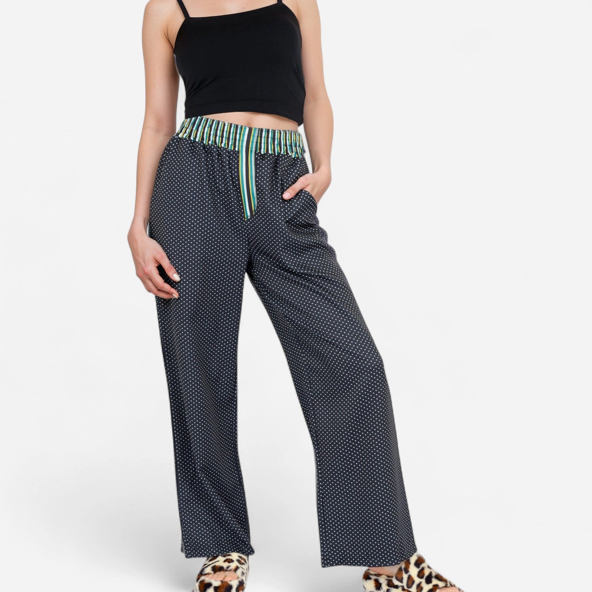 Anna-Kaci Women's Red Vertical Stripe Wide Leg Pants with Smocked Waistband Contrast Plaid Detail and Full-Length Fit