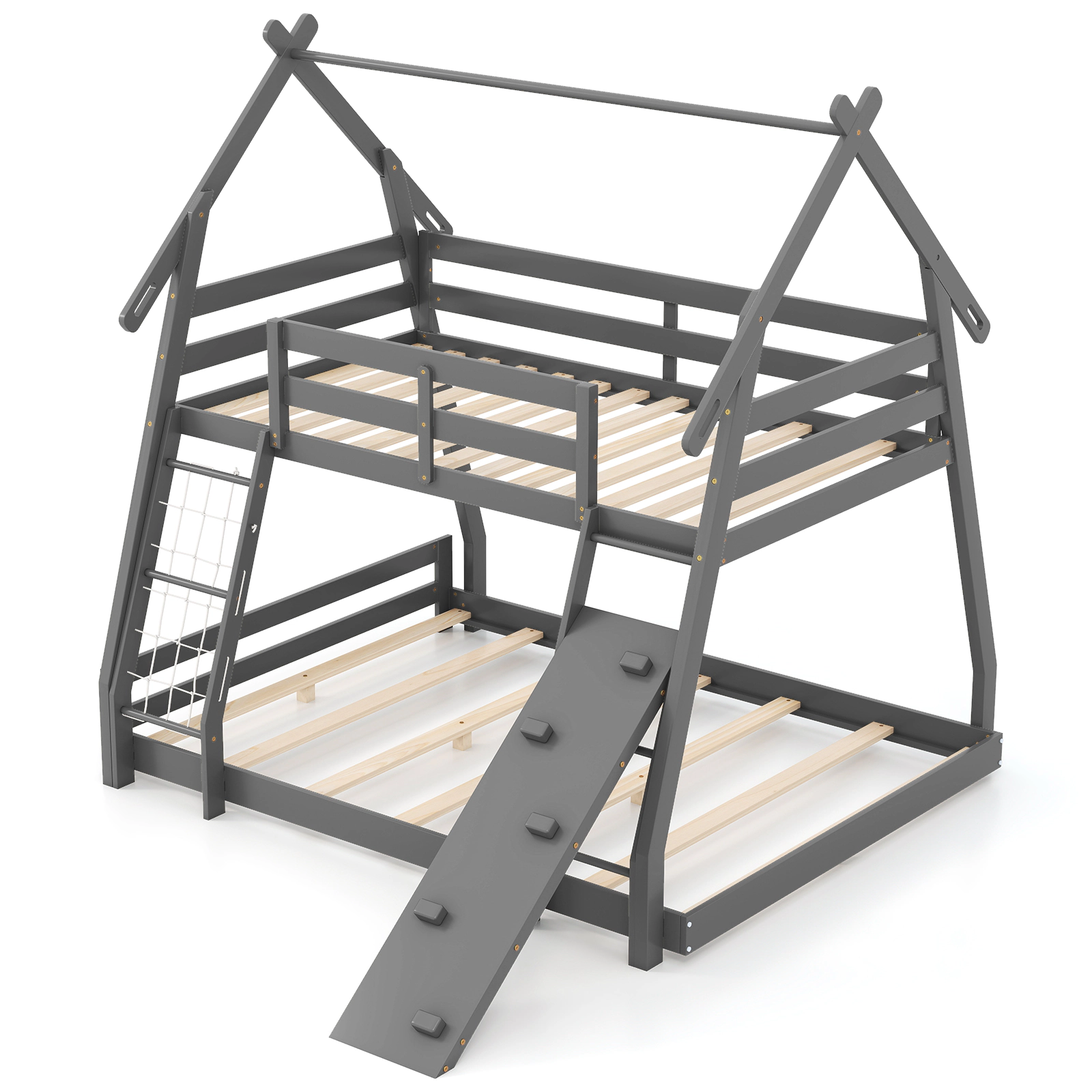 SUGIFT Twin Over Queen 440-lb Capacity Gray Pine Wood Kids Bunk Bed with Climbing Net Ramp and Guardrails