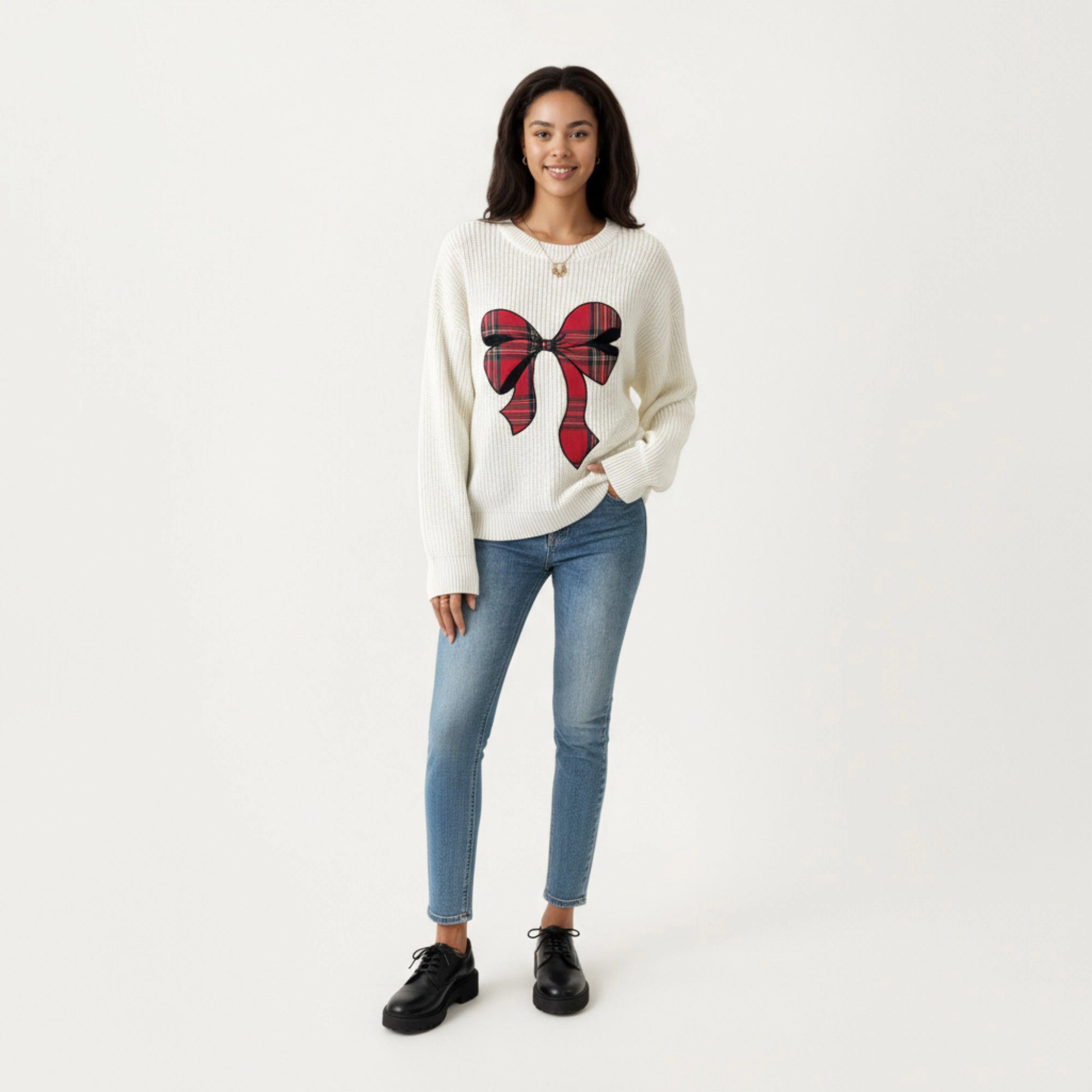 Anna-Kaci Women's Crew Neck Knit Sweater with Plaid Bow Graphic