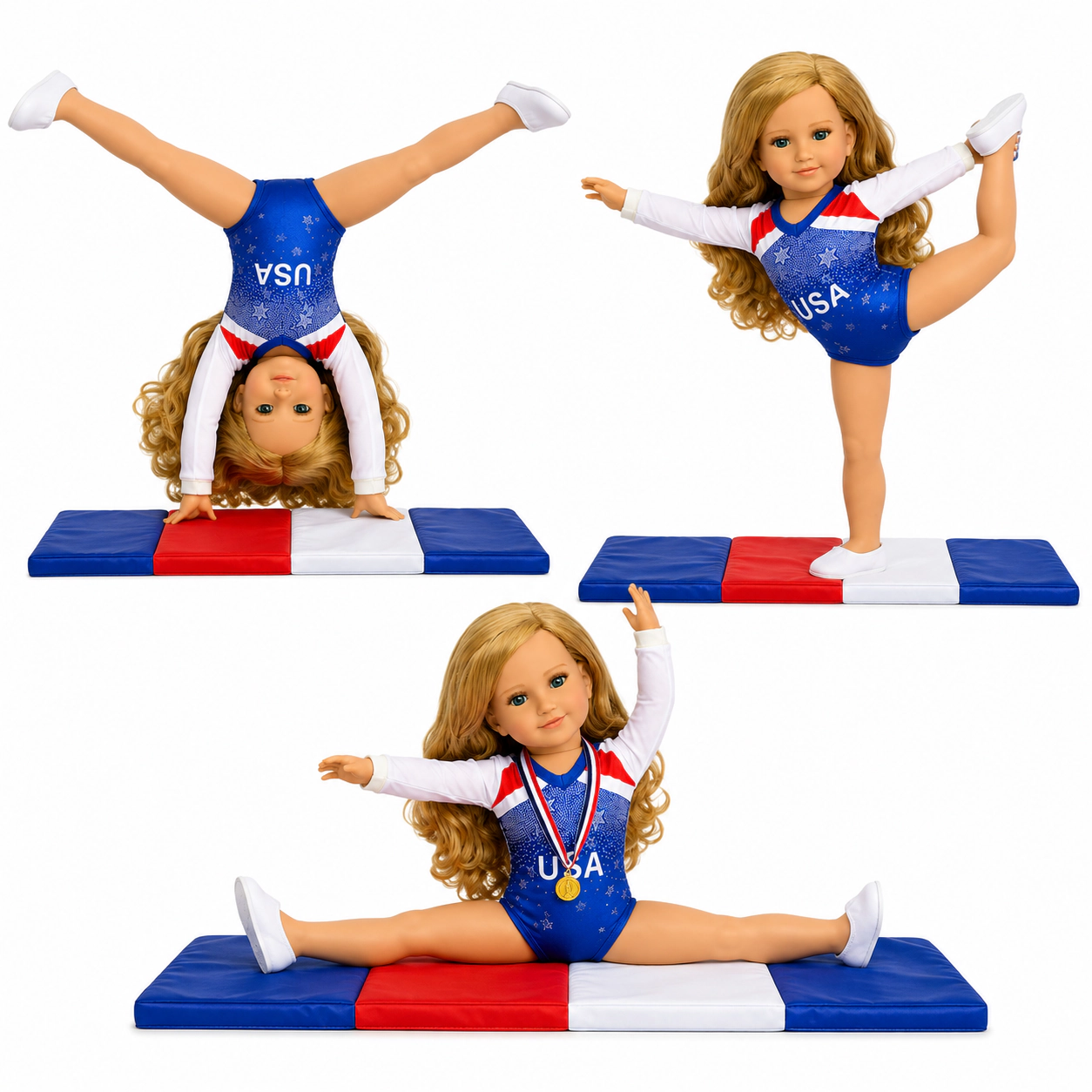 MBD® USA Gymnastics Doll Outfit Set with Mat, American Flag, Medal & Slippers – Fits 18 Inch Dolls