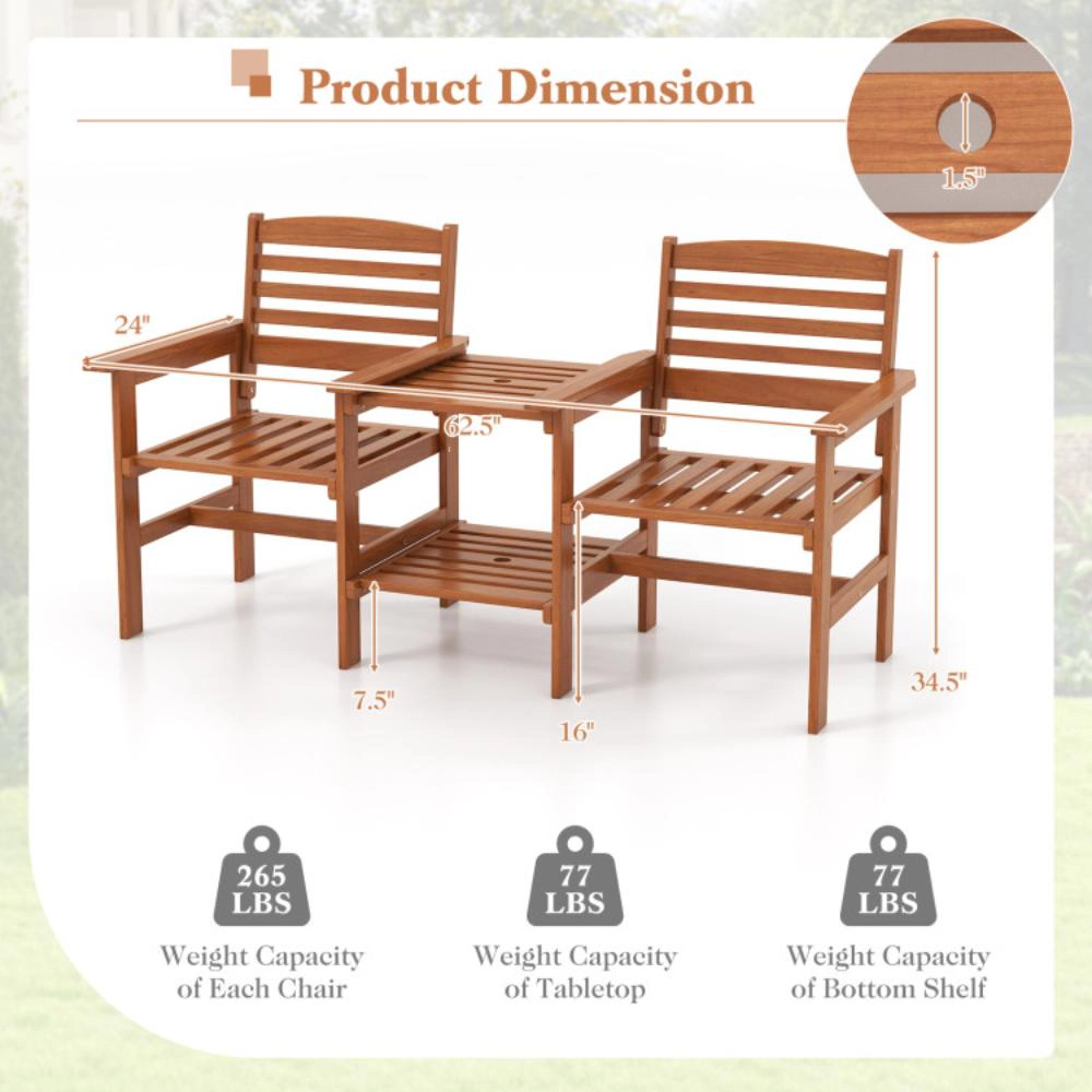 Hivvago Outdoor Patio Wood 2-Seat Conversation Set With Coffee Table And Umbrella Hole