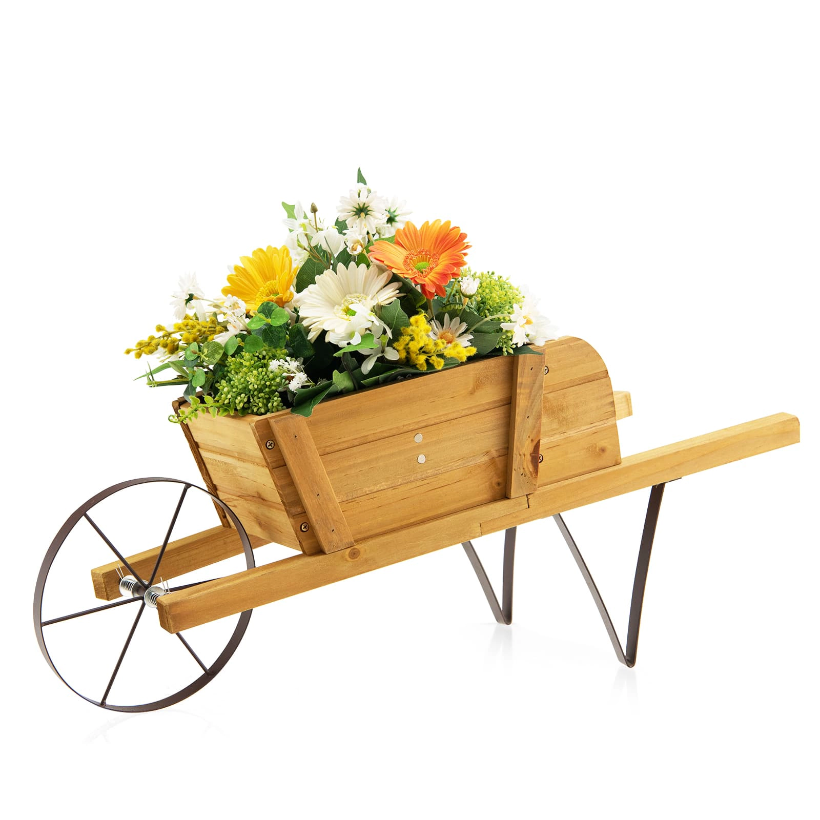 SUGIFT Wooden Wagon Planter Wheelbarrow with 9 Magnetic Accessories 11-lb Capacity Walnut/Red/Blue