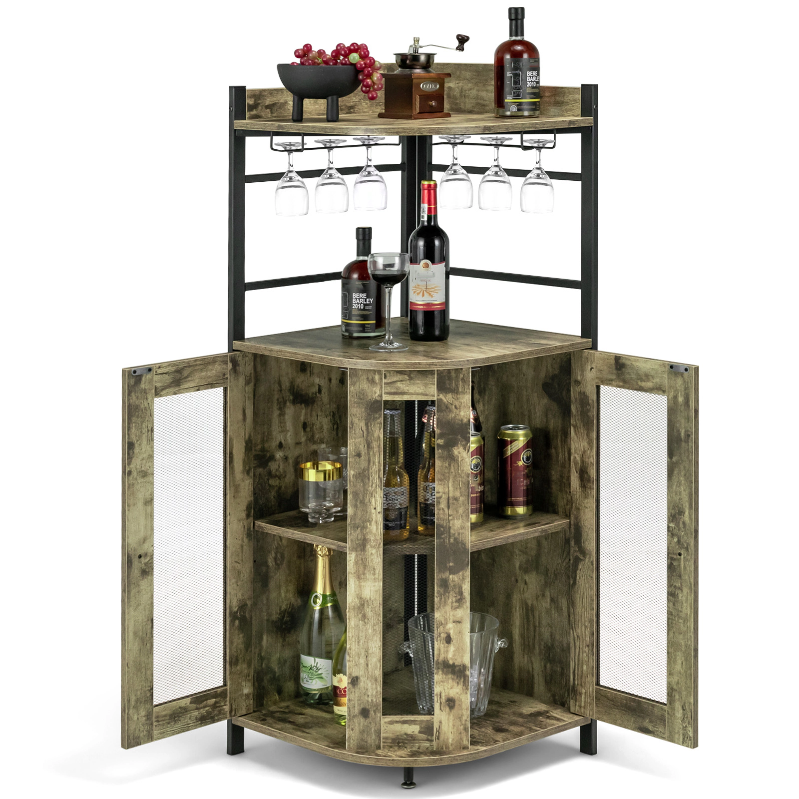 SUGIFT Triangular Industrial Corner Bar Cabinet Sideboard with Glass Holder and Shelf 66-lb Countertop Capacity