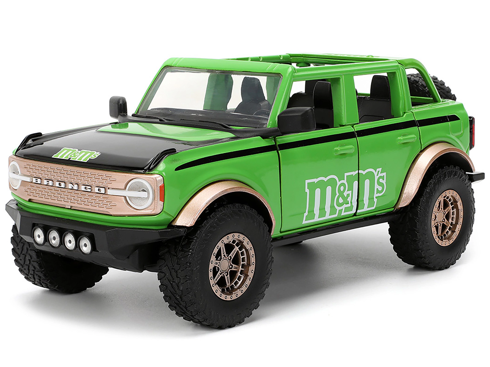 Jada 2021 Ford Bronco Green with Black Stripes and Green M&M's Diecast Figure "Hollywood Rides" Series 1/24