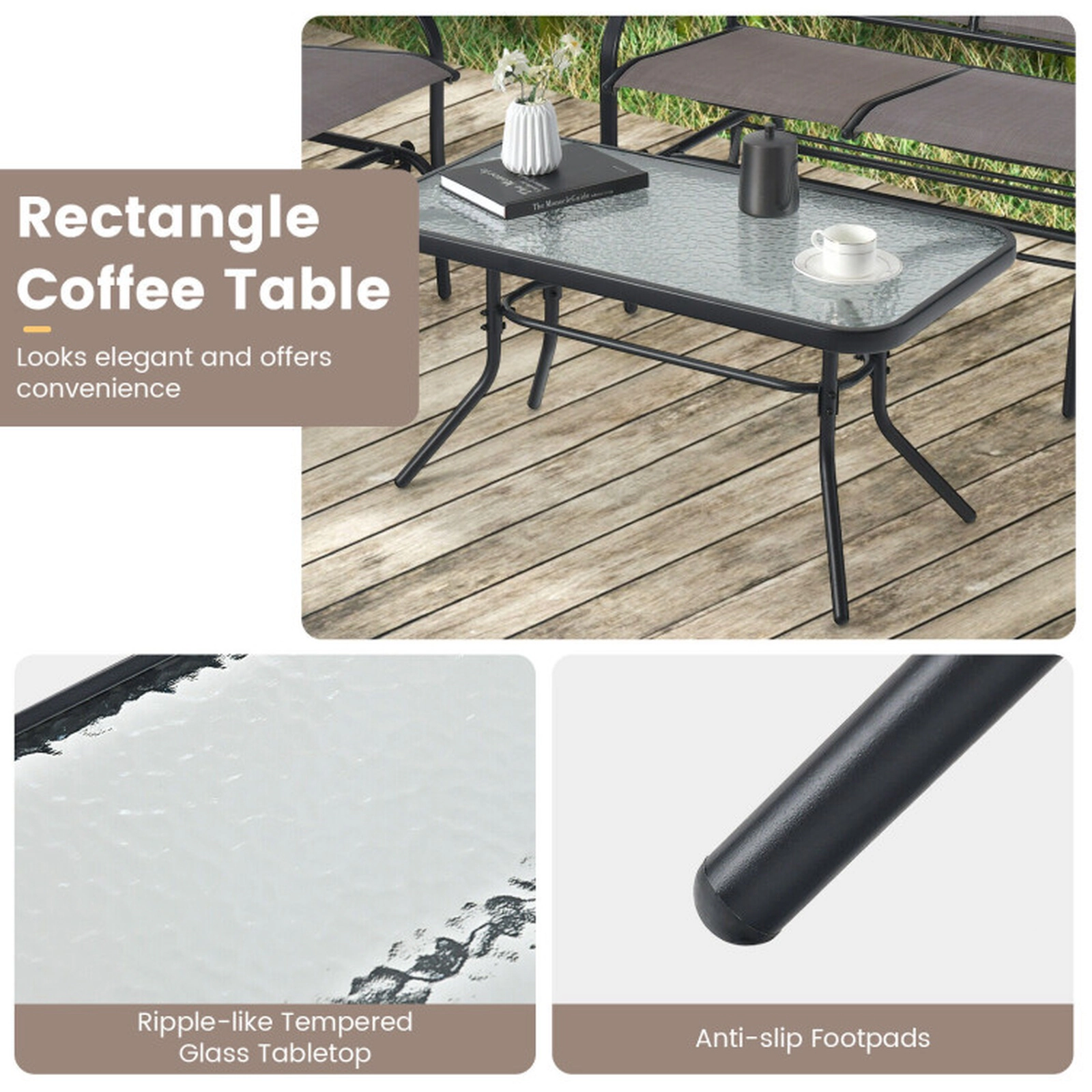 SUGIFT Brown Tempered Glass Coffee Table 4-Piece Patio Glider Conversation Set