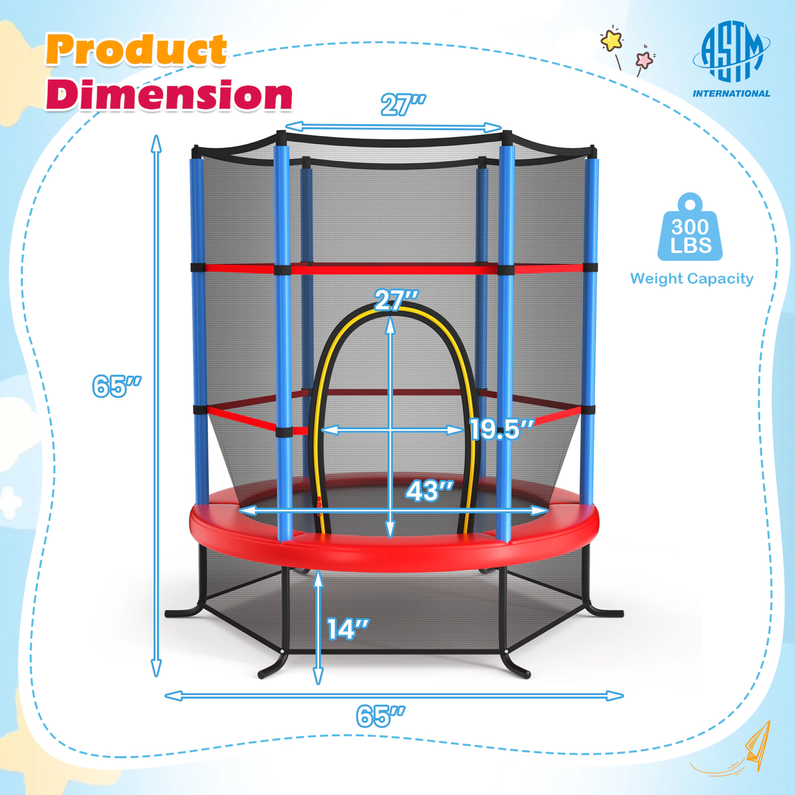 LJG 55 Inch Kids Recreational Trampoline Bouncing Jumping Mat with Enclosure Net