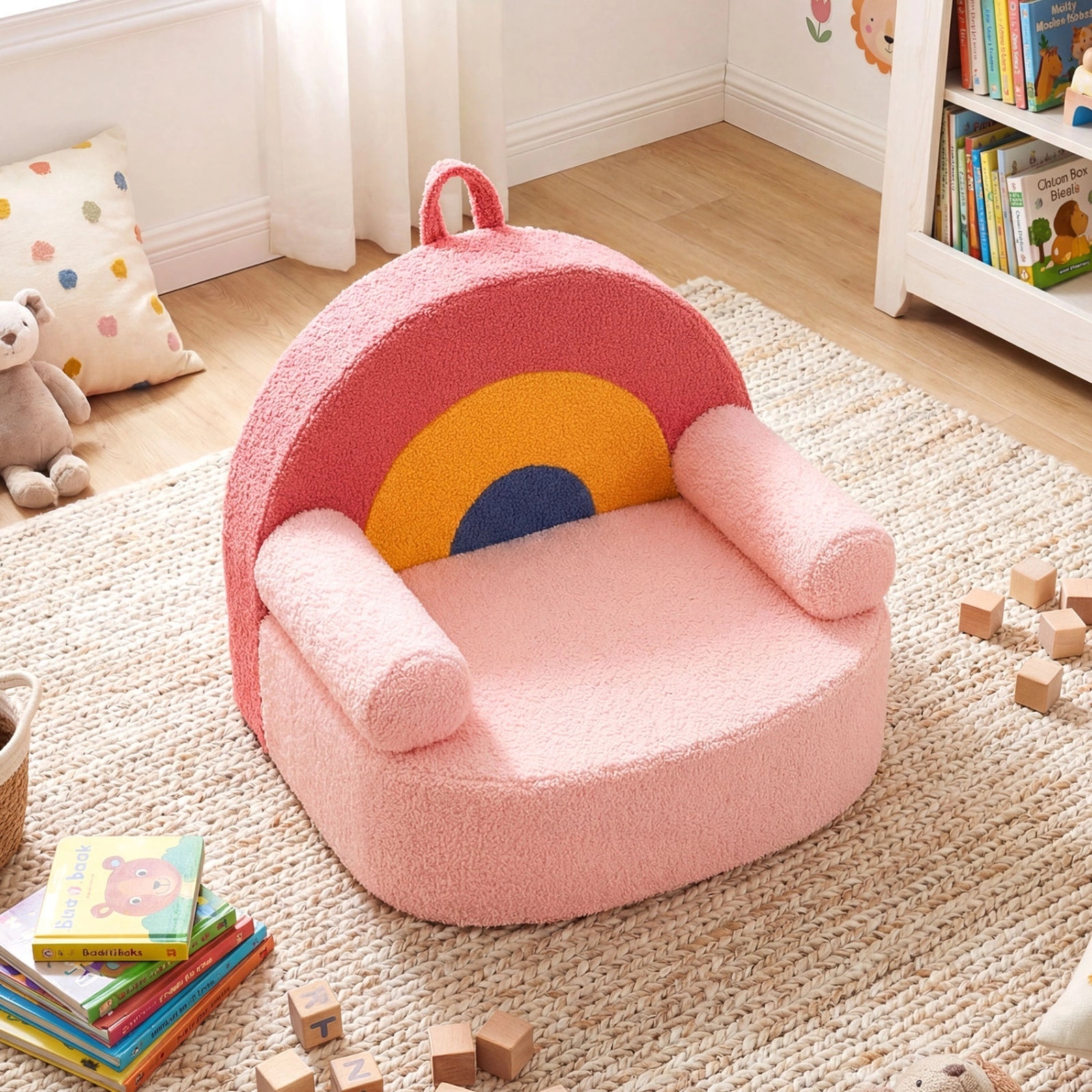 SUGIFT Red Teddy Fleece Toddler Foam Couch with Side Pocket and Washable Cover