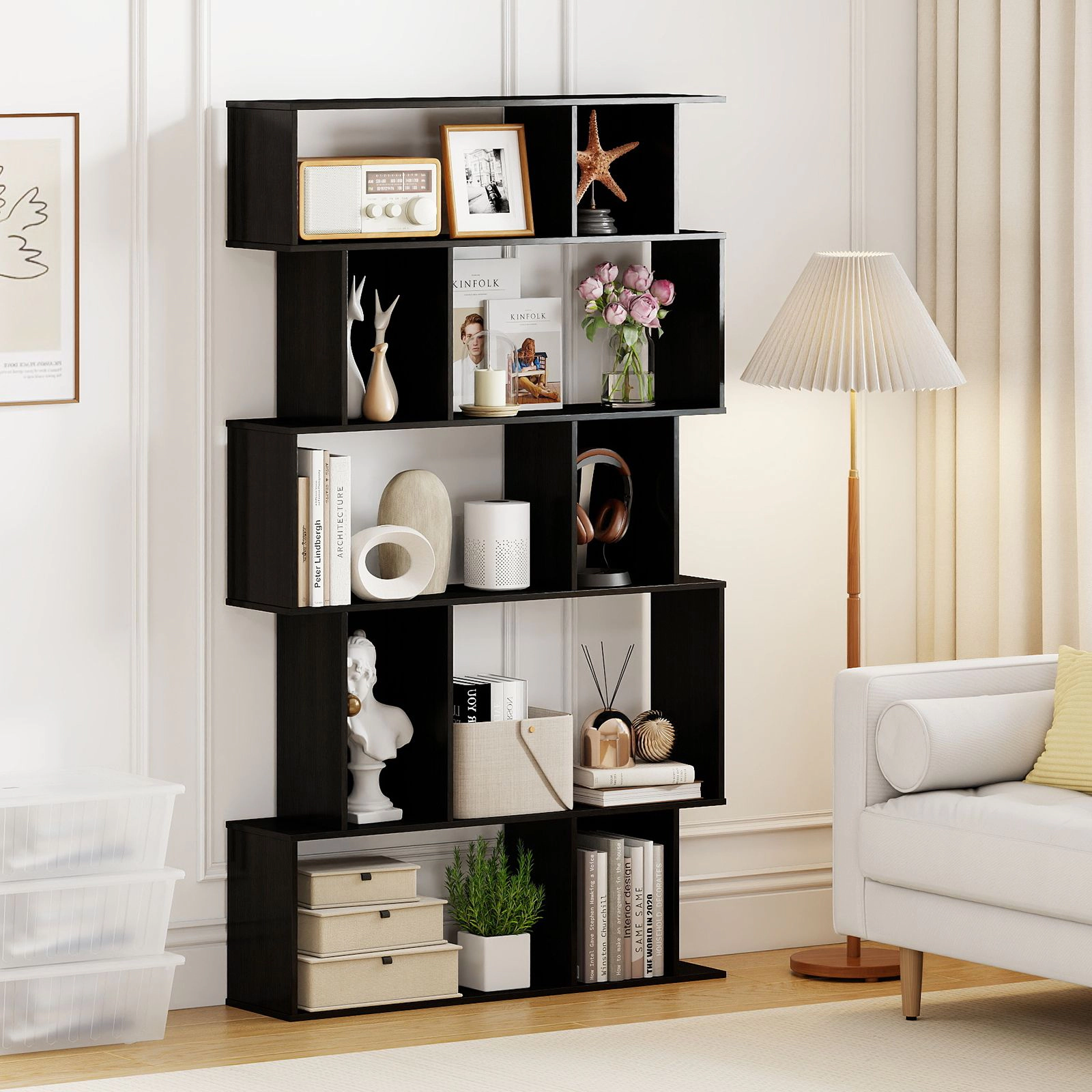 SlickBlue Set of 2 5-Tier Geometric Bookcase, S-Shaped Open Display Shelf