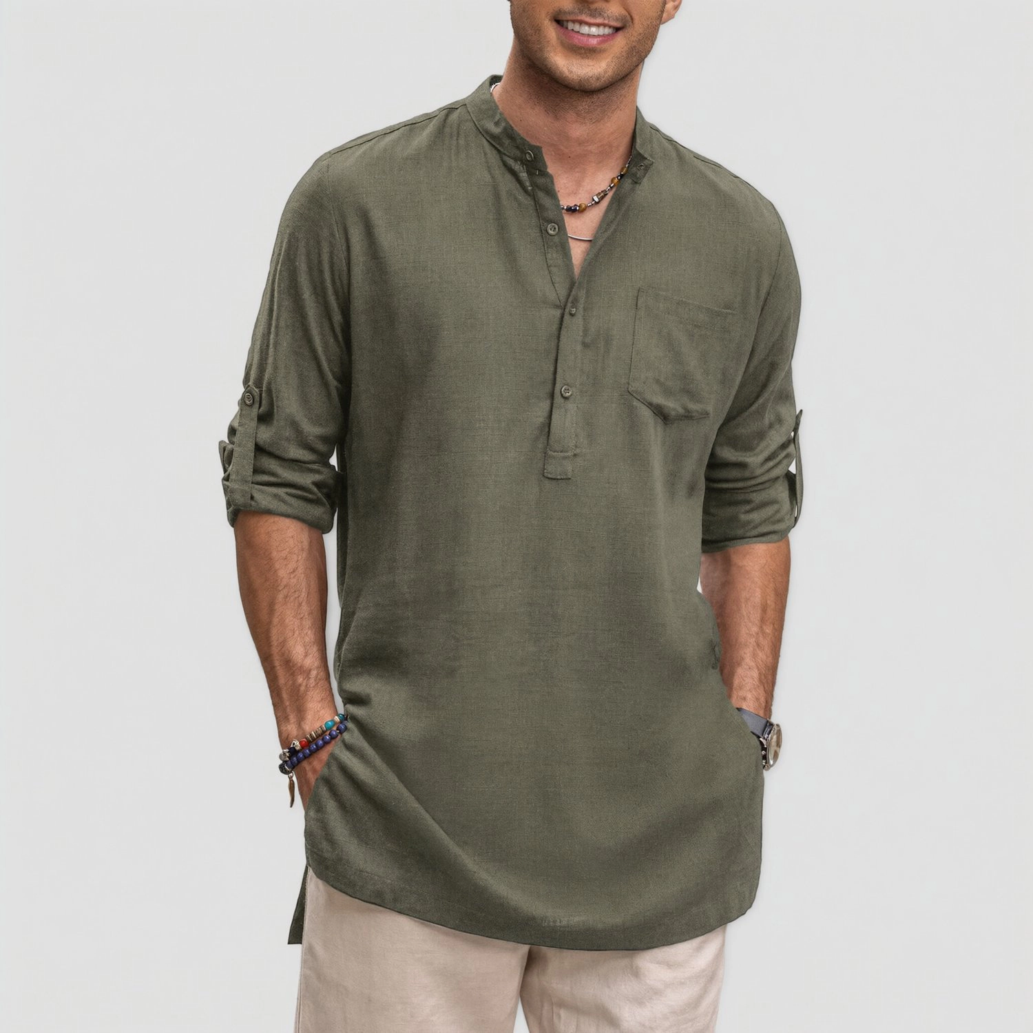 COOFANDY Mens Casual Henley V Neck Long Sleeve Shirt Button Roll Tab Pocket Tunic