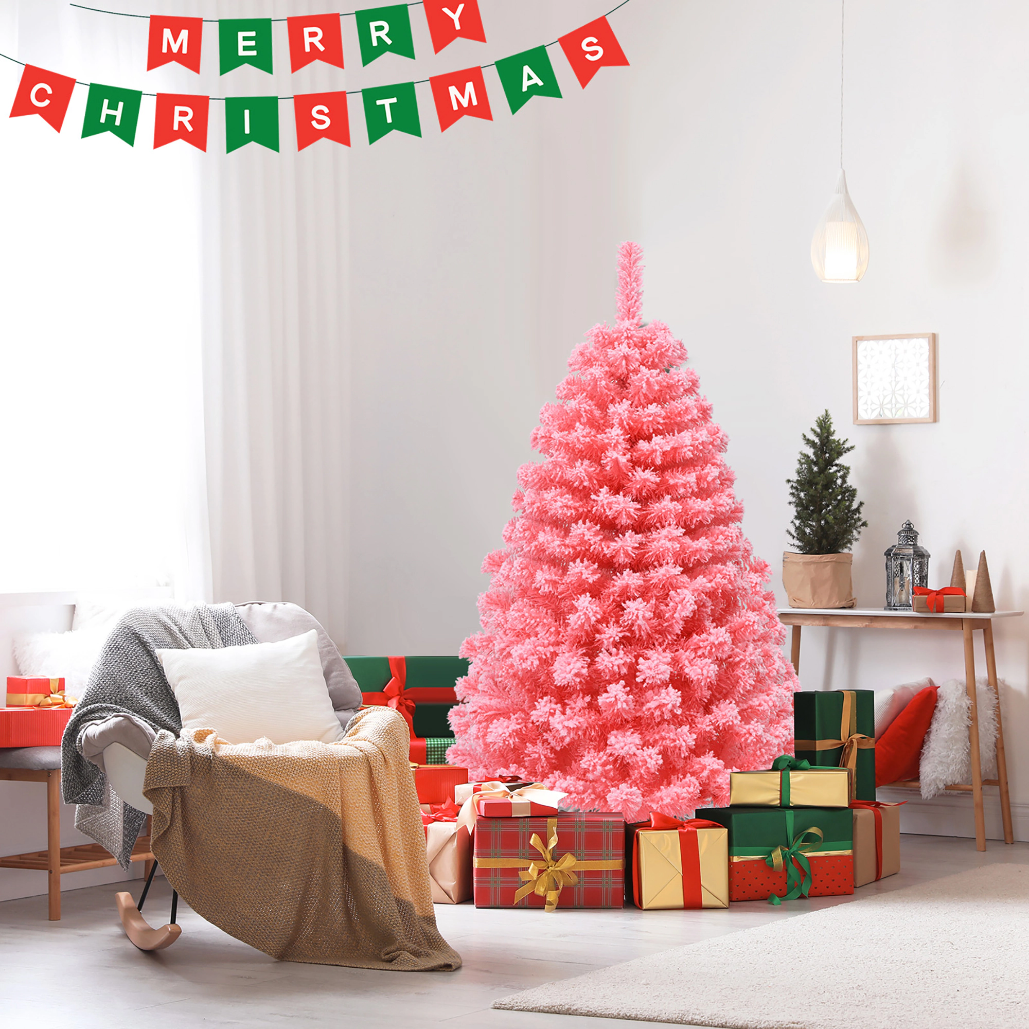 Costway 4.5/6.5/7.5ft Snow Flocked Hinged Artificial Christmas Tree w/ Metal Stand