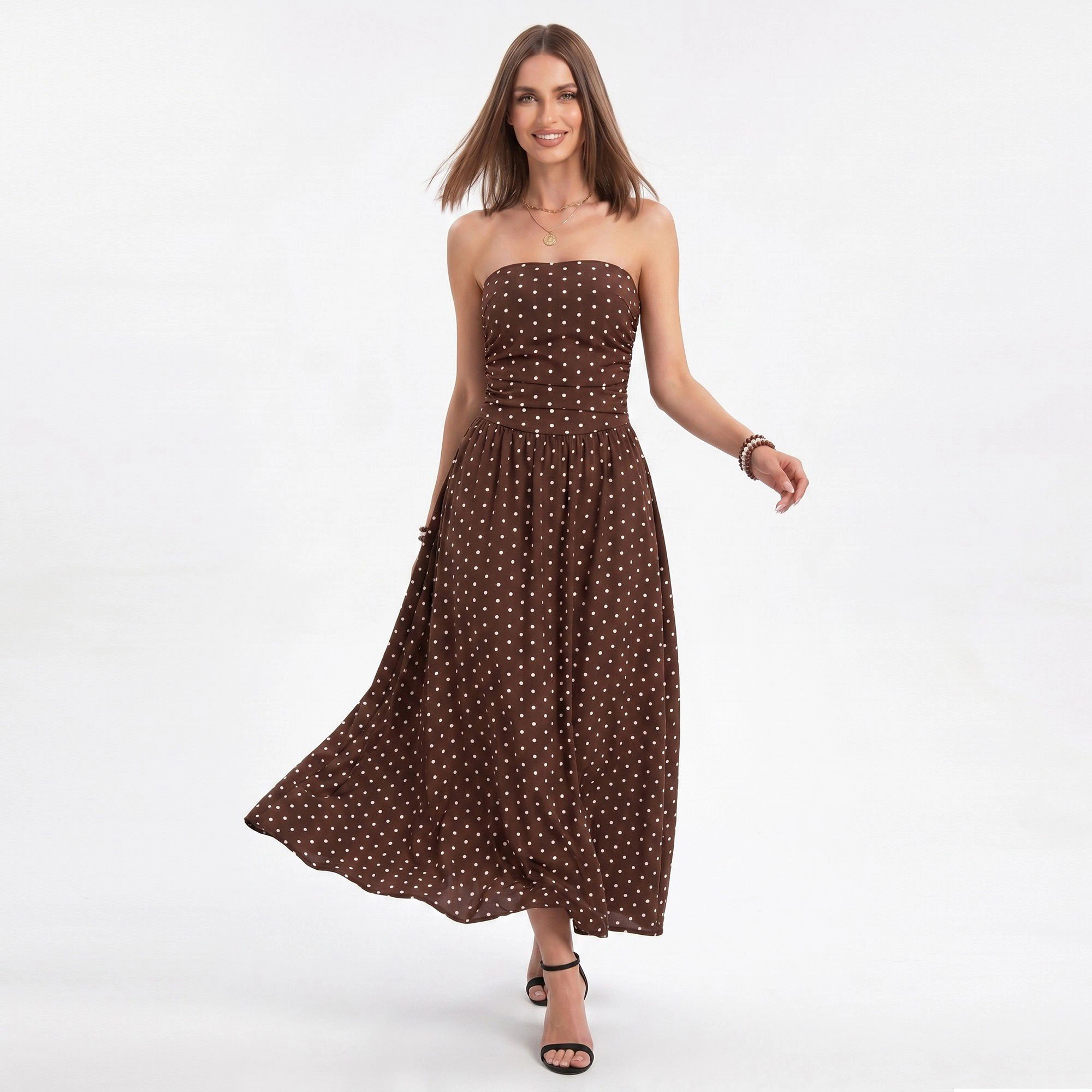 Anna-Kaci Women's Polka Dot Strapless Maxi Dress with Ruched Bodice and Full Skirt