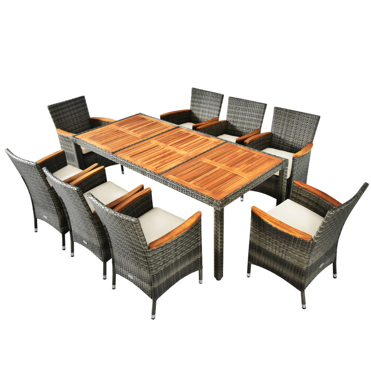 Hivvago 9 Pieces Rattan Patio Dining Set With Acacia Wood Table And Cushioned Chair