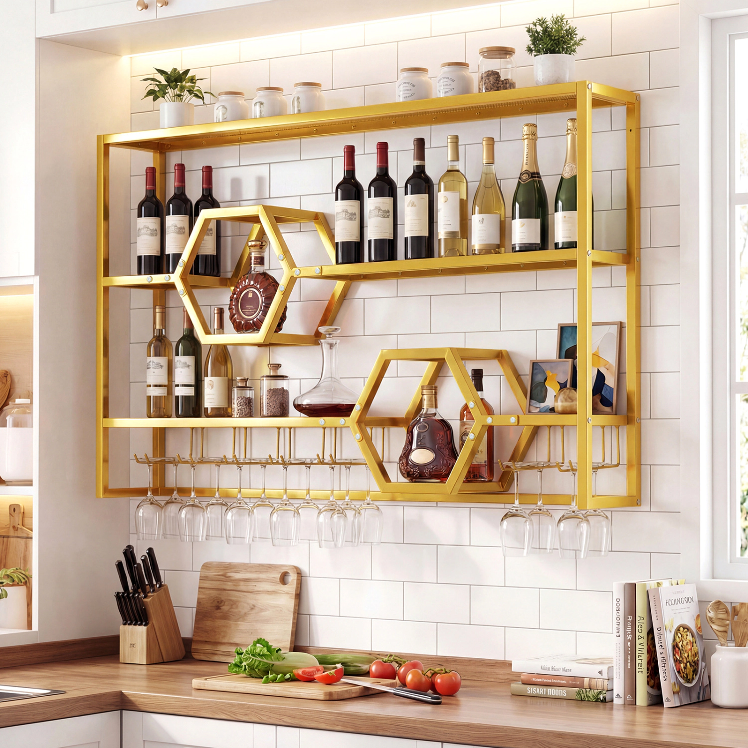 SUGIFT 47-in Wall Mounted Metal Wine Rack with 3 Shelves, Glass Holder and Honeycomb Cubbies 352-lb Capacity Black/Gold