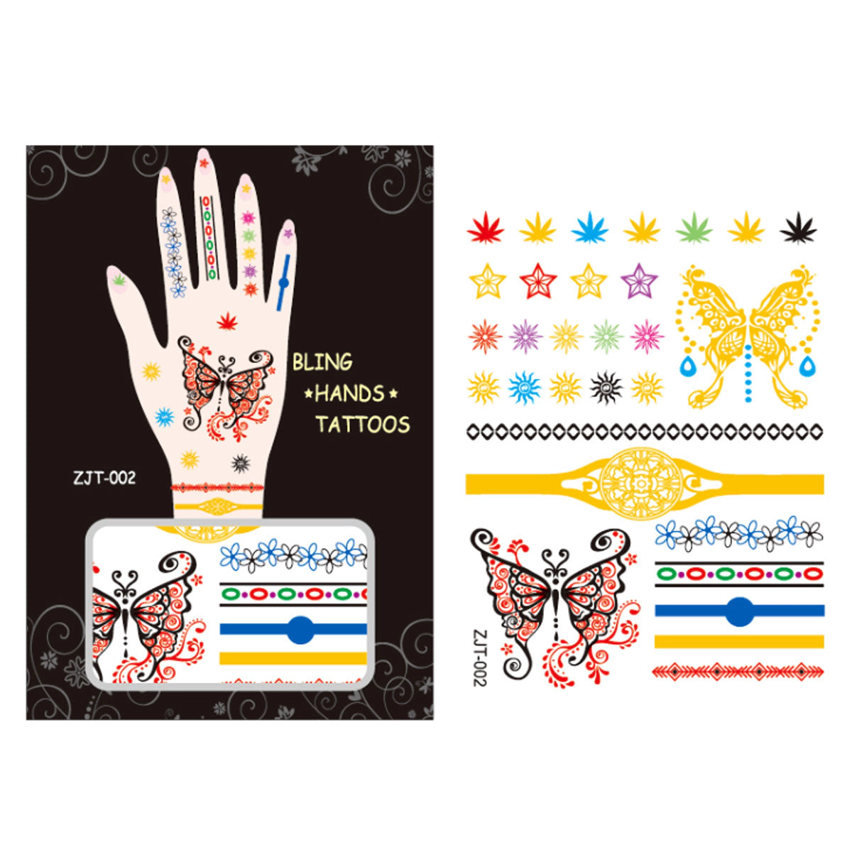 Wrapables Trendy Temporary Metallic Hand Tattoos, Butterfly and Hamsa