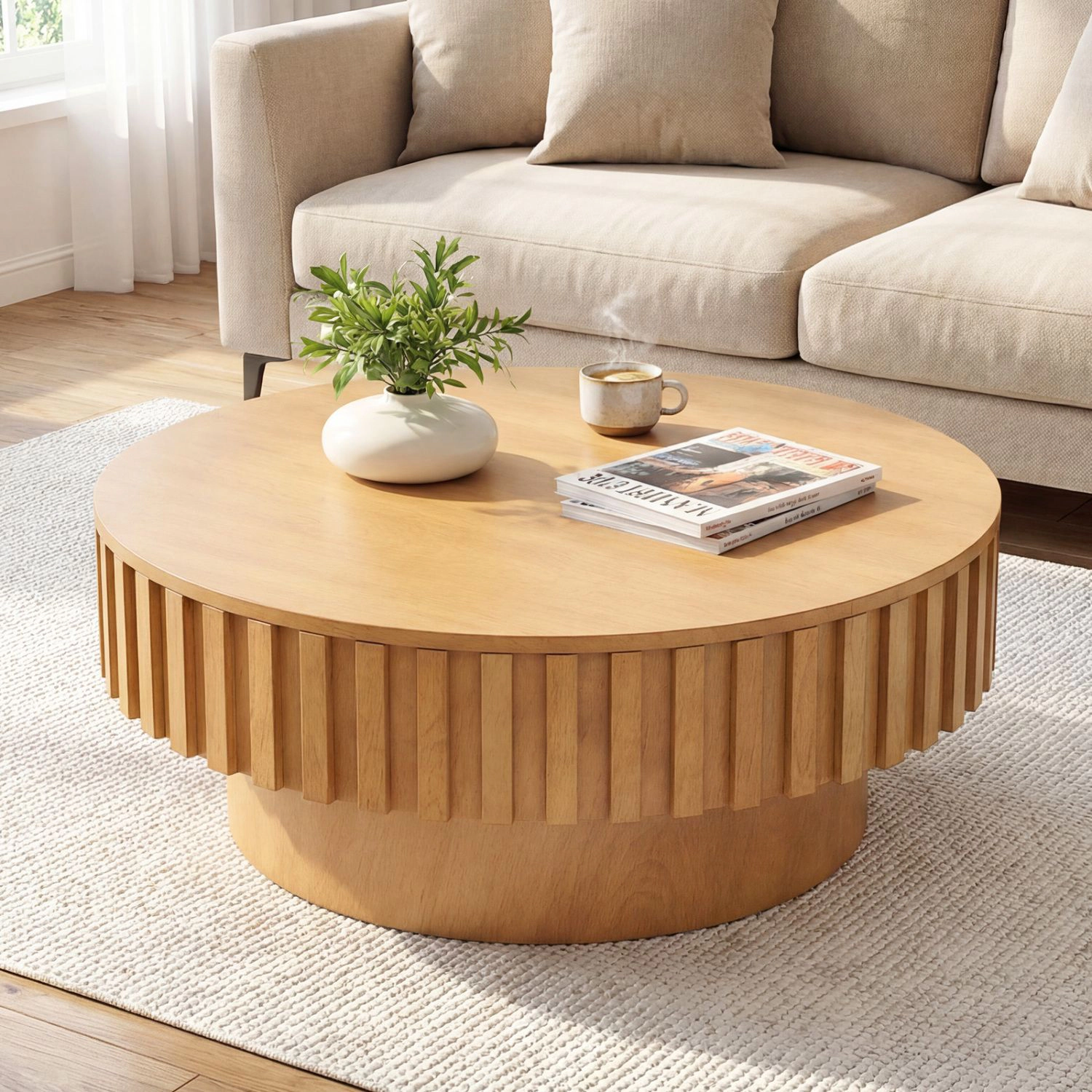 SlickBlue Modern Drum Coffee Table with Hidden Storage Compartment