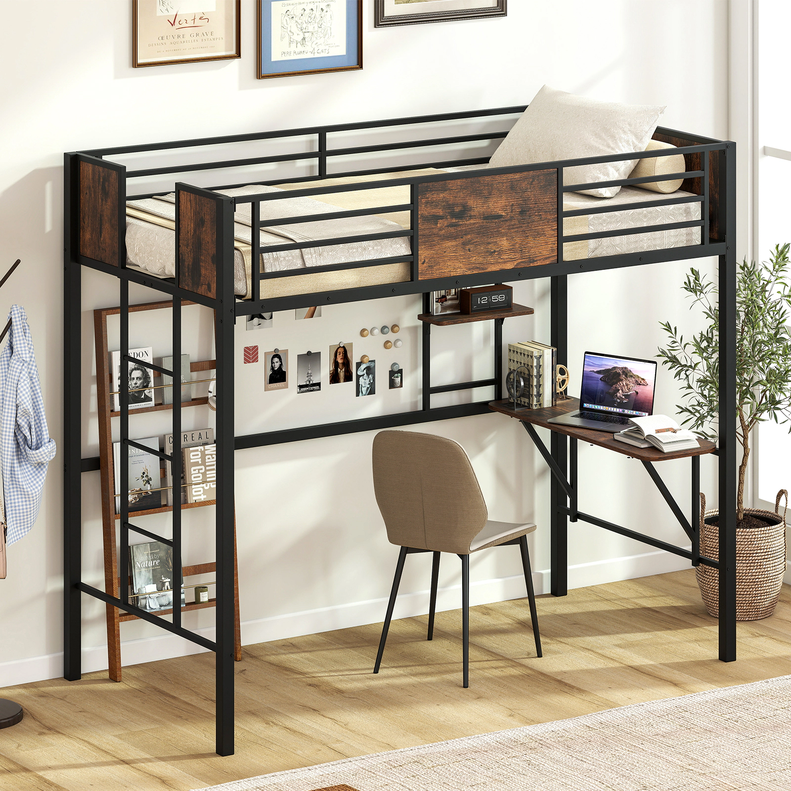 SUGIFT Twin Loft Bed with Desk and Open Shelf, Metal Frame, Black and Rustic Brown