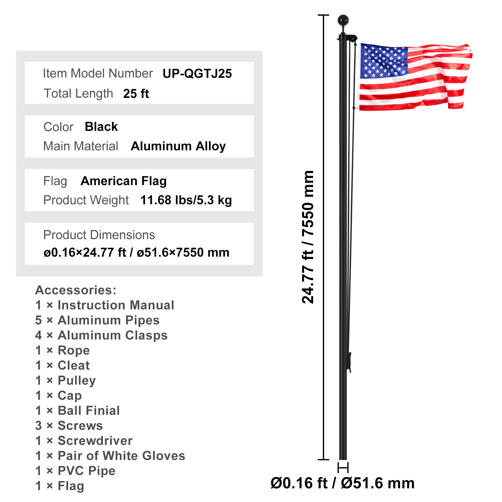HONGGE 25 ft Sectional Flag Pole Kit, Heavy Duty Aluminum with 3x5 American Flag, 3 Display Modes, Black