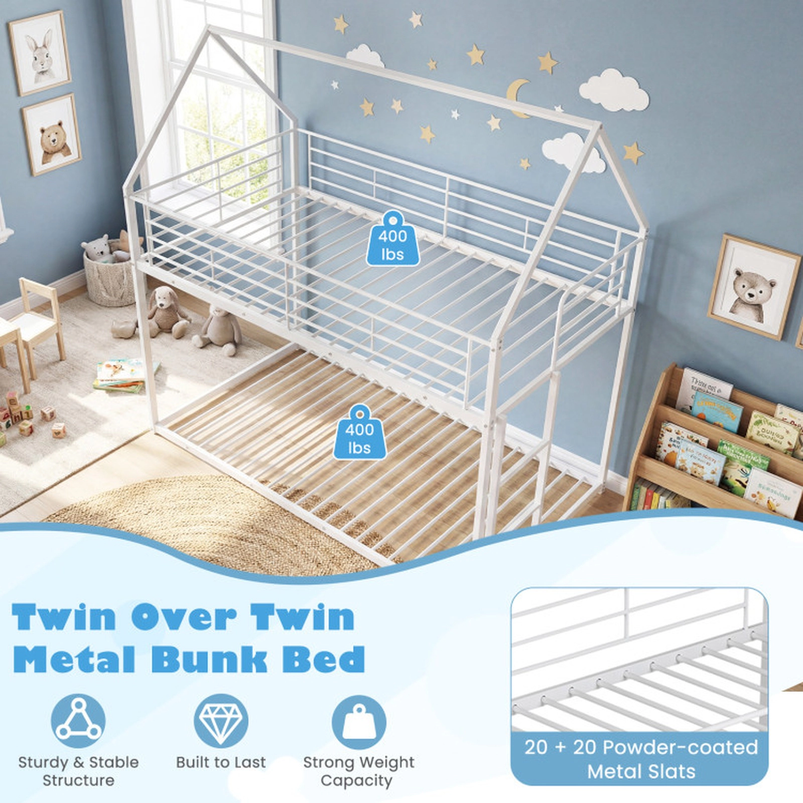 SUGIFT House-Shaped Twin-Over-Twin Metal Bunk Bed with Roof, Guardrails and Ladder 400-lb Capacity White