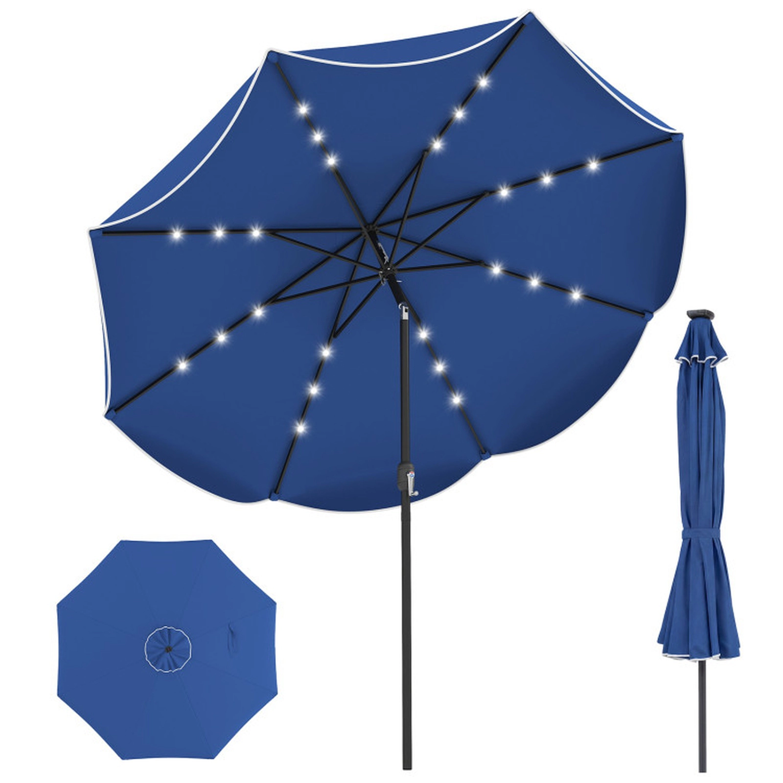 SUGIFT 10-ft Scalloped Solar Patio Umbrella with 24 LED Lights Push Button Tilt and Crank Handle 9.7 x 8.4 in Navy