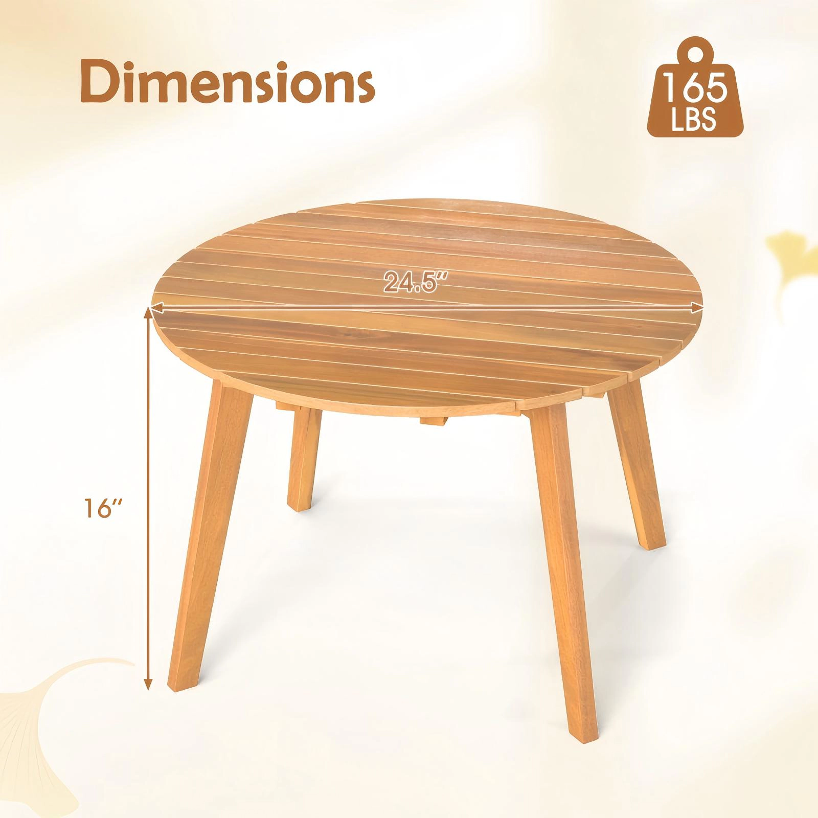 SUGIFT 24.5 in Slatted Tabletop Natural Round Outdoor Acacia Wood Side Table